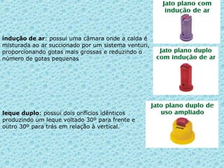 indução de ar: possui uma câmara onde a calda é 
misturada ao ar succionado por um sistema venturi, 
proporcionando gotas mais grossas e reduzindo o 
número de gotas pequenas 
leque duplo: possui dois orifícios idênticos 
produzindo um leque voltado 30º para frente e 
outro 30º para trás em relação à vertical. 
 