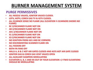 BURNER MANAGEMENT SYSTEM
PURGE PERMISSIVES
• ALL NOZZLE VALVES, IGNITOR VALVES CLOSED.
• LOTV, HOTV, COREX GAS TV & IGTV CLOSED.
• ALL SCANNER SENSE NO FLAME (ALL ELEVATION ¾ SCANNERS SHOWS NO
FLAME)
• BC 2/4SCANNER FLAME NOT ON
• AB 2/4SCANNER FLAME NOT ON
• AX1 2/4SCANNER FLAME NOT ON
• X1 2/4SCANNER FLAME NOT ON
• X3 2/4SCANNER FLAME NOT ON
• NO IGNITION FROM AX1 AND BC CORNERS
• NO DISCRIMINTING SCANNER FLAME ON
• ALL FEEDERS OFF
• BOTH PA FANS OFF
• MILLS A, B & C HOT AIR GATES CLOSED AND ACFS HOT AIR GATE CLOSED
• IGNITOR GAS & COREX GAS VENT VALVES OPEN
• ALL AUXLIARY DAMPERS MODULATING
• ELEVATION A, B, C AND XX OUT OF FOUR ELEVATION >/=TWO ELEVATIONS
SHOULD BE MODULATING
 