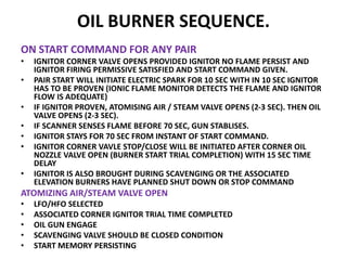 OIL BURNER SEQUENCE.
ON START COMMAND FOR ANY PAIR
• IGNITOR CORNER VALVE OPENS PROVIDED IGNITOR NO FLAME PERSIST AND
IGNITOR FIRING PERMISSIVE SATISFIED AND START COMMAND GIVEN.
• PAIR START WILL INITIATE ELECTRIC SPARK FOR 10 SEC WITH IN 10 SEC IGNITOR
HAS TO BE PROVEN (IONIC FLAME MONITOR DETECTS THE FLAME AND IGNITOR
FLOW IS ADEQUATE)
• IF IGNITOR PROVEN, ATOMISING AIR / STEAM VALVE OPENS (2-3 SEC). THEN OIL
VALVE OPENS (2-3 SEC).
• IF SCANNER SENSES FLAME BEFORE 70 SEC, GUN STABLISES.
• IGNITOR STAYS FOR 70 SEC FROM INSTANT OF START COMMAND.
• IGNITOR CORNER VAVLE STOP/CLOSE WILL BE INITIATED AFTER CORNER OIL
NOZZLE VALVE OPEN (BURNER START TRIAL COMPLETION) WITH 15 SEC TIME
DELAY
• IGNITOR IS ALSO BROUGHT DURING SCAVENGING OR THE ASSOCIATED
ELEVATION BURNERS HAVE PLANNED SHUT DOWN OR STOP COMMAND
ATOMIZING AIR/STEAM VALVE OPEN
• LFO/HFO SELECTED
• ASSOCIATED CORNER IGNITOR TRIAL TIME COMPLETED
• OIL GUN ENGAGE
• SCAVENGING VALVE SHOULD BE CLOSED CONDITION
• START MEMORY PERSISTING
 