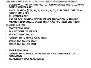 LESS THAN FIRE BALL & LOSS OF A.C. (NOT INCLUDED AT PRESENT)
• BOILER WILL TRIP ON THIS PROTECTION WHEN ALL THE FOLLOWING
CONDITION PERSISTS
• ANY ELEVATION (AX1, BC, A, B, C, X1, X2, X3) STARTED & LOSS OF AC
POWER FOR 2 SEC
• ALL FEEDERS OFF
• AX1 OR BC ELEVATION NOT IN SERVICE {ELEVATION IN SERVICE
MEANS ¾ HFO NOZZLE VALVES OPEN AND HFO PRESSURE > 30%}
IGNITOR AIR FAN
• START PERMISSIVE
• FAN NOT OUT OF SERVICE
• FAN NOT RED TAGGED
• IGNITOR TO FURNACE <75 MMWC
• OTHER FAN FAIL TO START
• OTHER FAN FAIL TO STOP
•
• STOP PERMISSIVE
• IGNITOR TO FURNACE DP >75 MMWC AND OPERATOR STOP
COMMAND
• EMERGENCY STOP FROM LOCAL
 