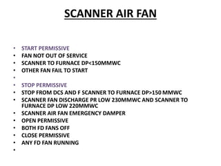 SCANNER AIR FAN
• START PERMISSIVE
• FAN NOT OUT OF SERVICE
• SCANNER TO FURNACE DP<150MMWC
• OTHER FAN FAIL TO START
•
• STOP PERMISSIVE
• STOP FROM DCS AND F SCANNER TO FURNACE DP>150 MMWC
• SCANNER FAN DISCHARGE PR LOW 230MMWC AND SCANNER TO
FURNACE DP LOW 220MMWC
• SCANNER AIR FAN EMERGENCY DAMPER
• OPEN PERMISSIVE
• BOTH FD FANS OFF
• CLOSE PERMISSIVE
• ANY FD FAN RUNNING
•
 