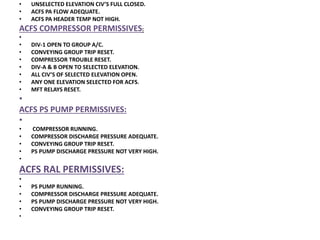 • UNSELECTED ELEVATION CIV’S FULL CLOSED.
• ACFS PA FLOW ADEQUATE.
• ACFS PA HEADER TEMP NOT HIGH.
ACFS COMPRESSOR PERMISSIVES:
•
• DIV-1 OPEN TO GROUP A/C.
• CONVEYING GROUP TRIP RESET.
• COMPRESSOR TROUBLE RESET.
• DIV-A & B OPEN TO SELECTED ELEVATION.
• ALL CIV’S OF SELECTED ELEVATION OPEN.
• ANY ONE ELEVATION SELECTED FOR ACFS.
• MFT RELAYS RESET.
•
ACFS PS PUMP PERMISSIVES:
•
• COMPRESSOR RUNNING.
• COMPRESSOR DISCHARGE PRESSURE ADEQUATE.
• CONVEYING GROUP TRIP RESET.
• PS PUMP DISCHARGE PRESSURE NOT VERY HIGH.
•
ACFS RAL PERMISSIVES:
•
• PS PUMP RUNNING.
• COMPRESSOR DISCHARGE PRESSURE ADEQUATE.
• PS PUMP DISCHARGE PRESSURE NOT VERY HIGH.
• CONVEYING GROUP TRIP RESET.
•
 