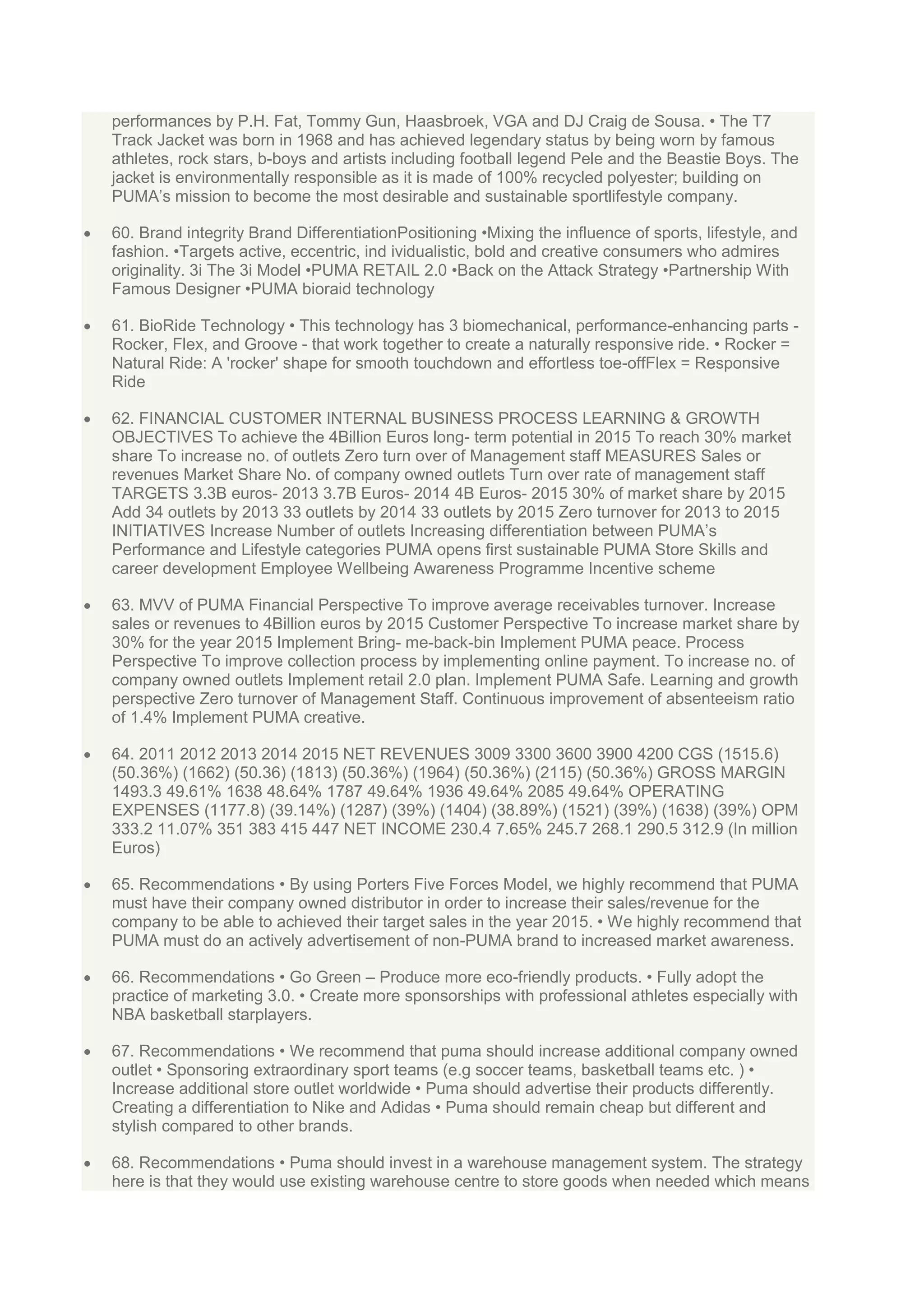 performances by P.H. Fat, Tommy Gun, Haasbroek, VGA and DJ Craig de Sousa. • The T7
Track Jacket was born in 1968 and has achieved legendary status by being worn by famous
athletes, rock stars, b-boys and artists including football legend Pele and the Beastie Boys. The
jacket is environmentally responsible as it is made of 100% recycled polyester; building on
PUMA‟s mission to become the most desirable and sustainable sportlifestyle company.
60. Brand integrity Brand DifferentiationPositioning •Mixing the influence of sports, lifestyle, and
fashion. •Targets active, eccentric, ind ividualistic, bold and creative consumers who admires
originality. 3i The 3i Model •PUMA RETAIL 2.0 •Back on the Attack Strategy •Partnership With
Famous Designer •PUMA bioraid technology
61. BioRide Technology • This technology has 3 biomechanical, performance-enhancing parts Rocker, Flex, and Groove - that work together to create a naturally responsive ride. • Rocker =
Natural Ride: A 'rocker' shape for smooth touchdown and effortless toe-offFlex = Responsive
Ride
62. FINANCIAL CUSTOMER INTERNAL BUSINESS PROCESS LEARNING & GROWTH
OBJECTIVES To achieve the 4Billion Euros long- term potential in 2015 To reach 30% market
share To increase no. of outlets Zero turn over of Management staff MEASURES Sales or
revenues Market Share No. of company owned outlets Turn over rate of management staff
TARGETS 3.3B euros- 2013 3.7B Euros- 2014 4B Euros- 2015 30% of market share by 2015
Add 34 outlets by 2013 33 outlets by 2014 33 outlets by 2015 Zero turnover for 2013 to 2015
INITIATIVES Increase Number of outlets Increasing differentiation between PUMA‟s
Performance and Lifestyle categories PUMA opens first sustainable PUMA Store Skills and
career development Employee Wellbeing Awareness Programme Incentive scheme
63. MVV of PUMA Financial Perspective To improve average receivables turnover. Increase
sales or revenues to 4Billion euros by 2015 Customer Perspective To increase market share by
30% for the year 2015 Implement Bring- me-back-bin Implement PUMA peace. Process
Perspective To improve collection process by implementing online payment. To increase no. of
company owned outlets Implement retail 2.0 plan. Implement PUMA Safe. Learning and growth
perspective Zero turnover of Management Staff. Continuous improvement of absenteeism ratio
of 1.4% Implement PUMA creative.
64. 2011 2012 2013 2014 2015 NET REVENUES 3009 3300 3600 3900 4200 CGS (1515.6)
(50.36%) (1662) (50.36) (1813) (50.36%) (1964) (50.36%) (2115) (50.36%) GROSS MARGIN
1493.3 49.61% 1638 48.64% 1787 49.64% 1936 49.64% 2085 49.64% OPERATING
EXPENSES (1177.8) (39.14%) (1287) (39%) (1404) (38.89%) (1521) (39%) (1638) (39%) OPM
333.2 11.07% 351 383 415 447 NET INCOME 230.4 7.65% 245.7 268.1 290.5 312.9 (In million
Euros)
65. Recommendations • By using Porters Five Forces Model, we highly recommend that PUMA
must have their company owned distributor in order to increase their sales/revenue for the
company to be able to achieved their target sales in the year 2015. • We highly recommend that
PUMA must do an actively advertisement of non-PUMA brand to increased market awareness.
66. Recommendations • Go Green – Produce more eco-friendly products. • Fully adopt the
practice of marketing 3.0. • Create more sponsorships with professional athletes especially with
NBA basketball starplayers.
67. Recommendations • We recommend that puma should increase additional company owned
outlet • Sponsoring extraordinary sport teams (e.g soccer teams, basketball teams etc. ) •
Increase additional store outlet worldwide • Puma should advertise their products differently.
Creating a differentiation to Nike and Adidas • Puma should remain cheap but different and
stylish compared to other brands.
68. Recommendations • Puma should invest in a warehouse management system. The strategy
here is that they would use existing warehouse centre to store goods when needed which means

 