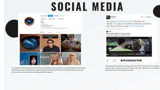 SOCIAL MEDIA
Lorem ipsum dolor sit amet,
consectetur adipiscing elit.
Duis vulputate nulla at ante
rhoncus, vel efficitur felis
condimentum. Proin odio
odio.
Lorem ipsum dolor sit amet,
consectetur adipiscing elit.
Duis vulputate nulla at ante
rhoncus, vel efficitur felis
condimentum. Proin odio
odio.
Lorem ipsum dolor sit amet,
consectetur adipiscing elit.
Duis vulputate nulla at ante
rhoncus, vel efficitur felis
condimentum. Proin odio
odio.
STRATEGY N°1 STATEGY N°2 STRATEGY N°3
It can be observed that the presenceof the Puma brand in social media platforms such as Instagram is considerably large with 13 million followers.
The brand have presently released 3567 posts ranging from contents recognising prominent persona such as Mondo Duplantis achieving 6.24
metres to prominent icons such as Rihana showcasing design of Puma apparels.
Social media platforms such as X are utilised by the brand for the “Forever Faster” online marketing
campaign. This is conducted by the brand through video posts, interactive posts to popularise
#foreverfaster of Puma which the audience can retweet.
 