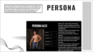 PERSONA
The male audience for the brand typically falls in the age group of
early twenties who are students and have a certain fondness for
outdoor activities. Durabilityand expectations of wear and tear
from sports gears will be present within the segment,thus
connecting Puma on aspects of functionality and design.
 