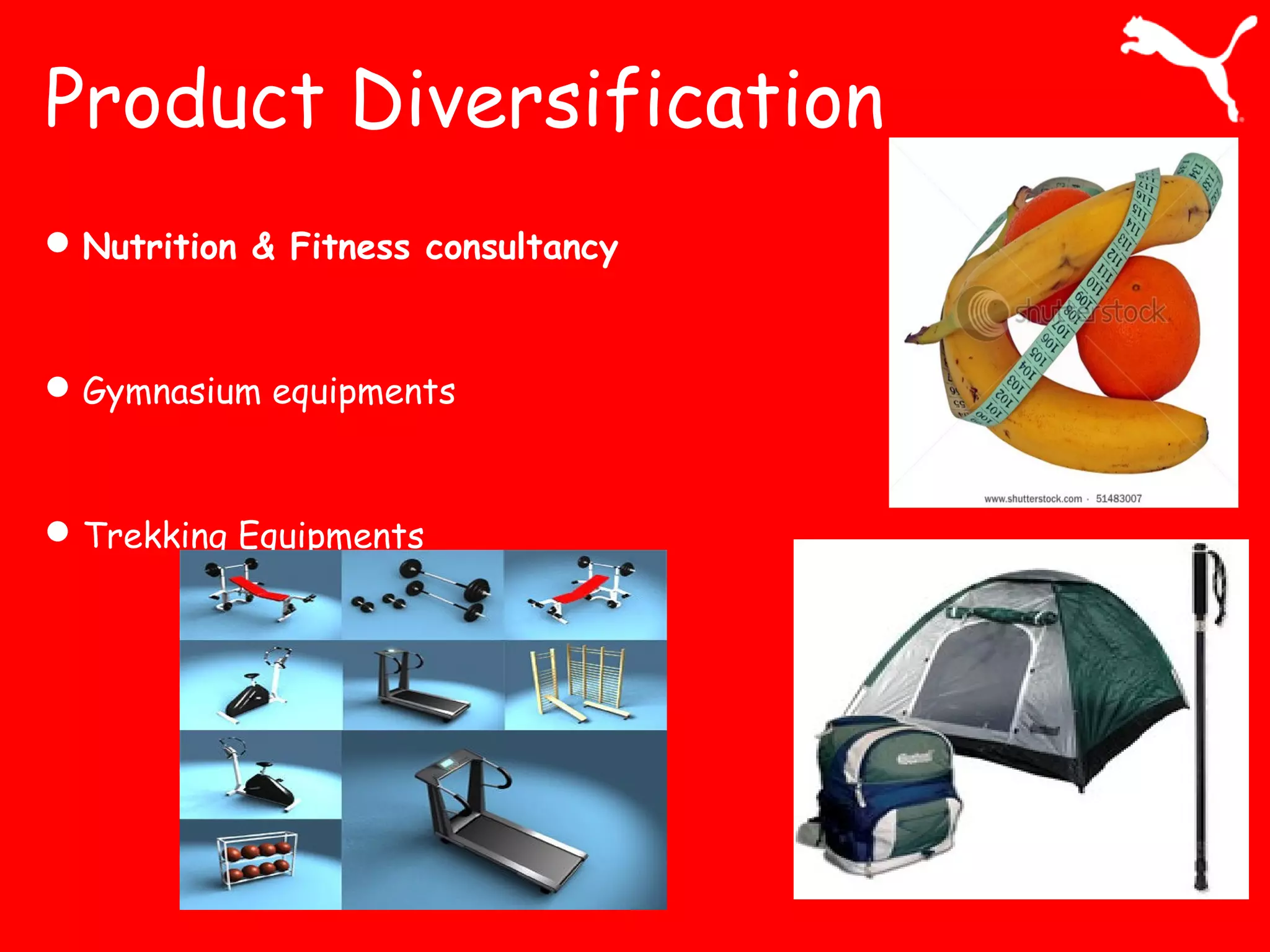 Product Diversification
Nutrition & Fitness consultancy
Gymnasium equipments
Trekking Equipments
 
