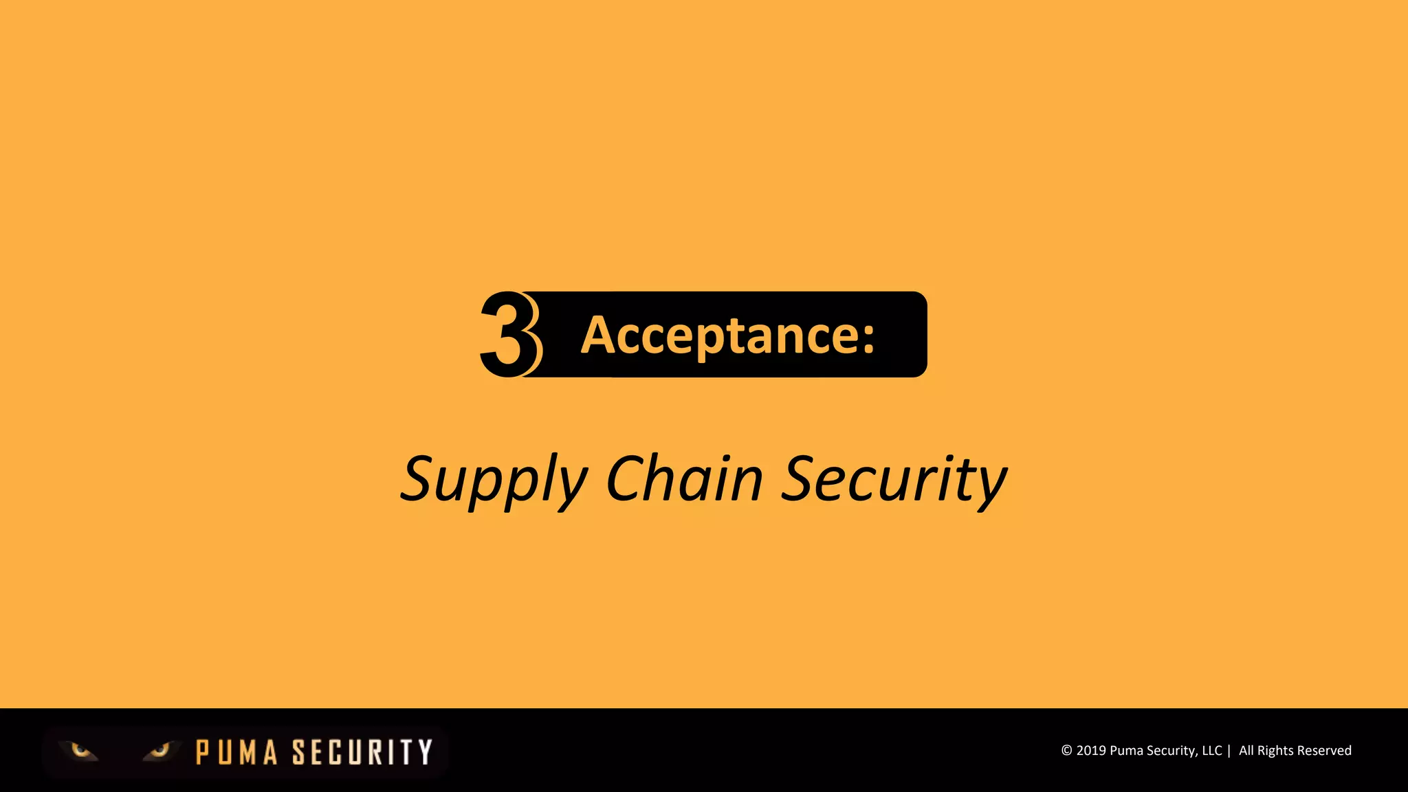 © 2019 Puma Security, LLC | All Rights Reserved
Supply Chain Security
Acceptance:
 