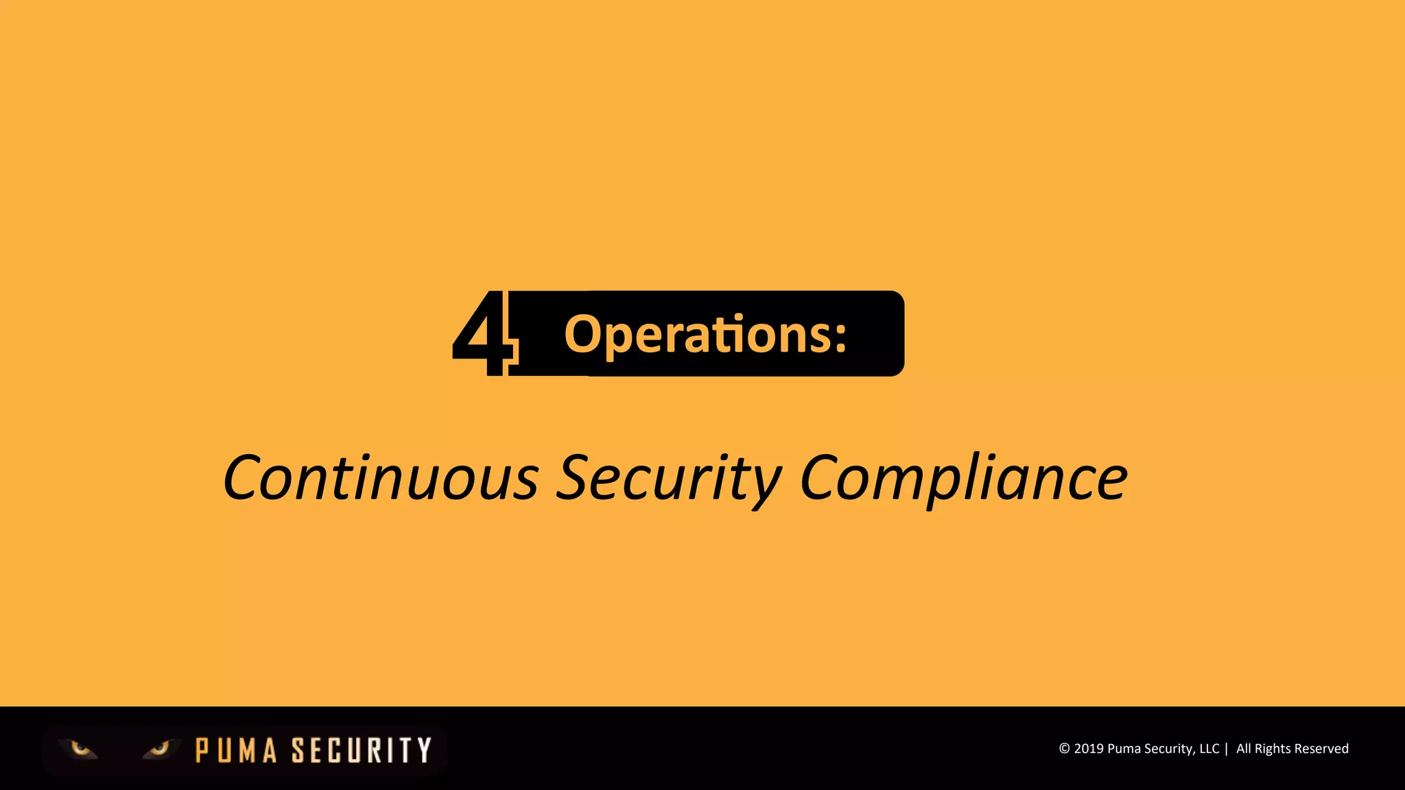 © 2019 Puma Security, LLC | All Rights Reserved
Opera&ons:
Continuous Security Compliance
 
