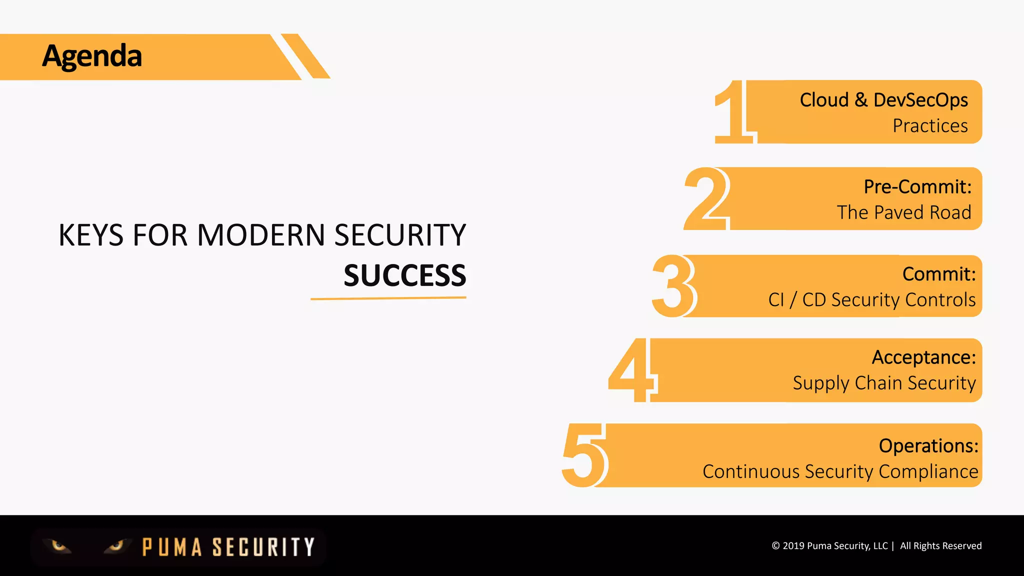 © 2019 Puma Security, LLC | All Rights Reserved
KEYS FOR MODERN SECURITY
SUCCESS
Cloud & DevSecOps
Practices
Pre-Commit:
The Paved Road
Commit:
CI / CD Security Controls
Acceptance:
Supply Chain Security
Operations:
Continuous Security Compliance
Agenda
 