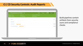 © 2019 Puma Security, LLC | All Rights Reserved
Build pipelines contain
artifacts from security
scans and compliance
checks
CI / CD Security Controls: Audit Reports
 