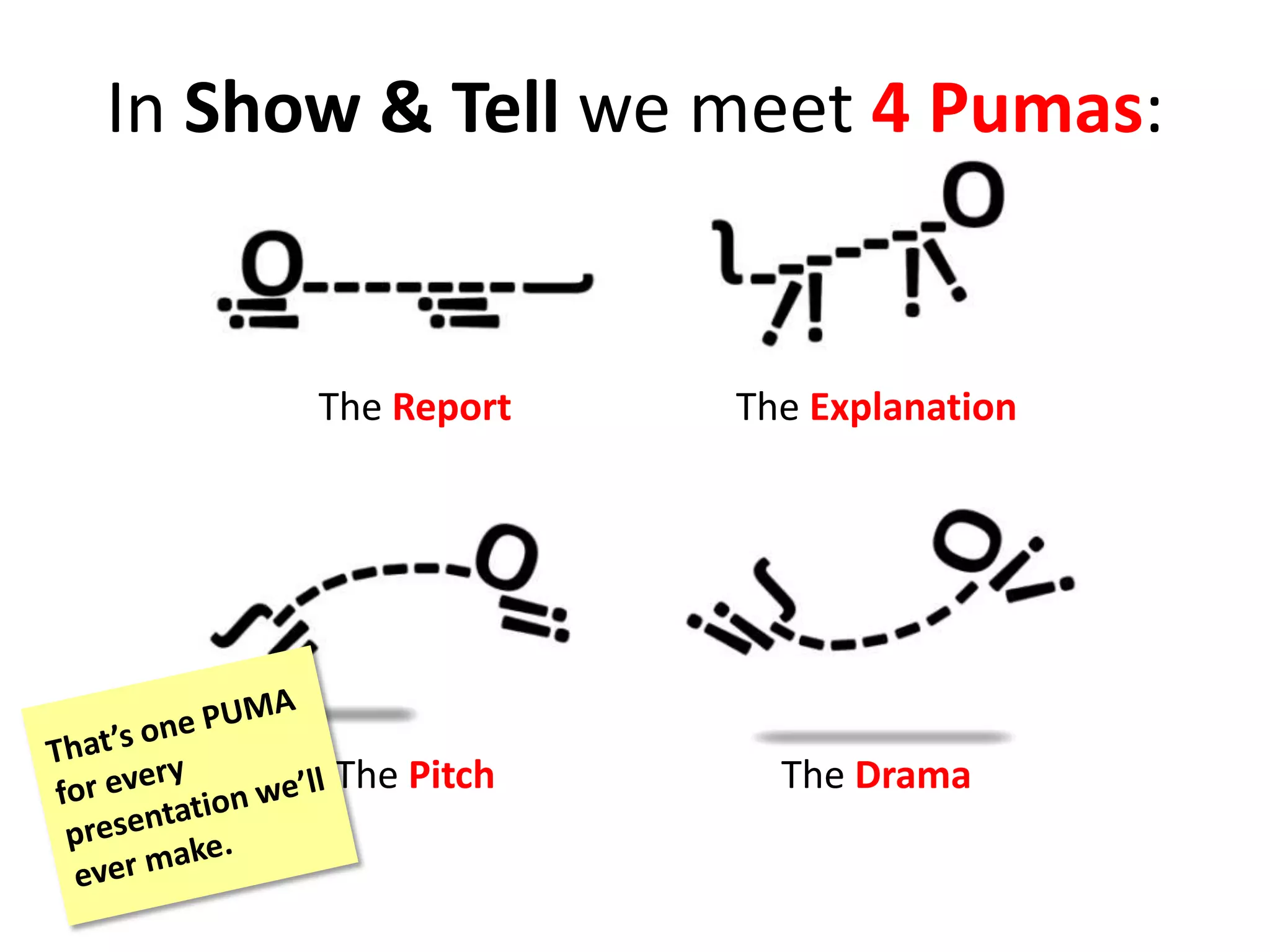 In Show & Tell we meet 4 Pumas:
The Report The Explanation
The Pitch The Drama
 