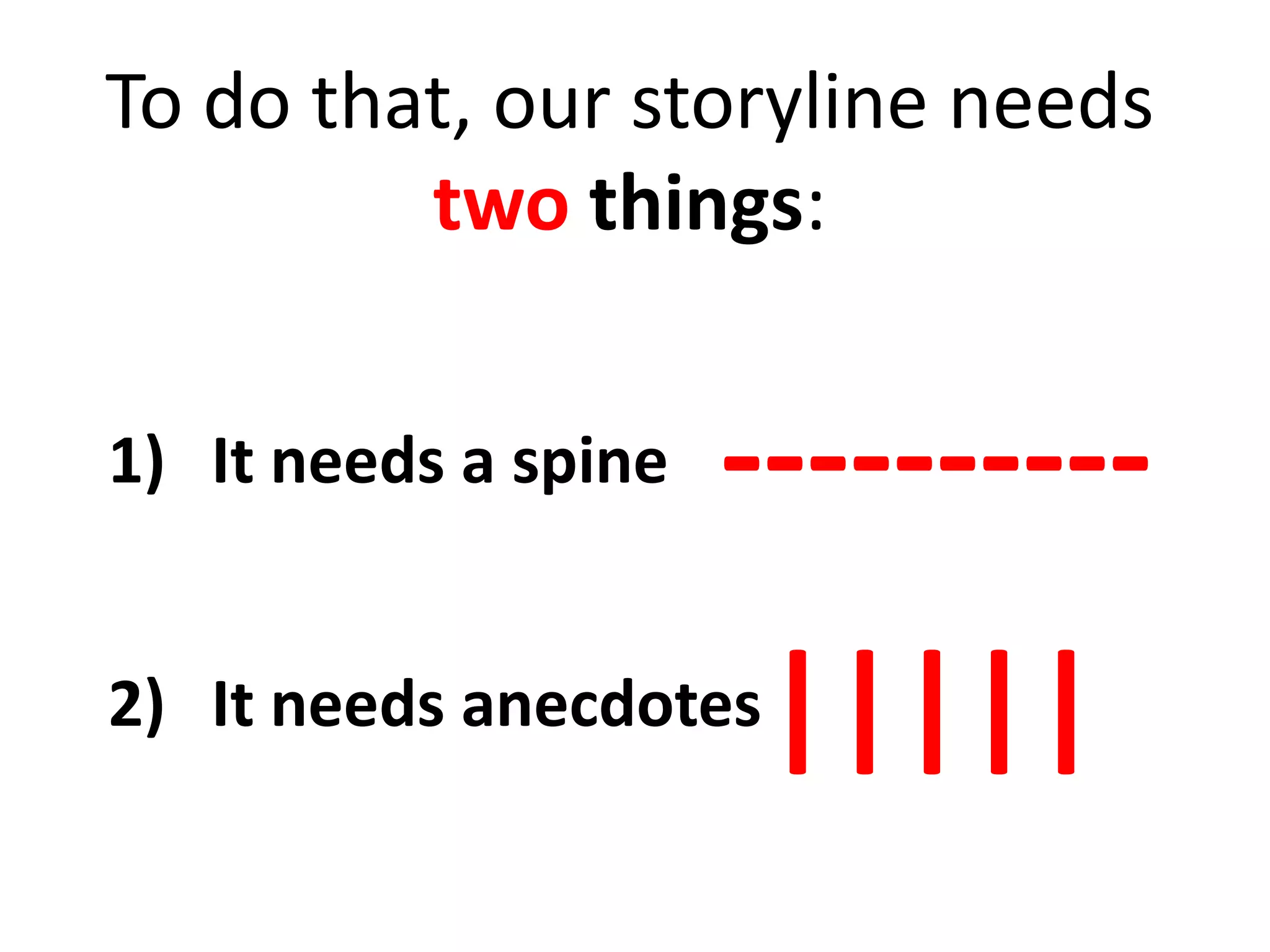 To do that, our storyline needs
two things:
1) It needs a spine
2) It needs anecdotes
----------
|||||
 
