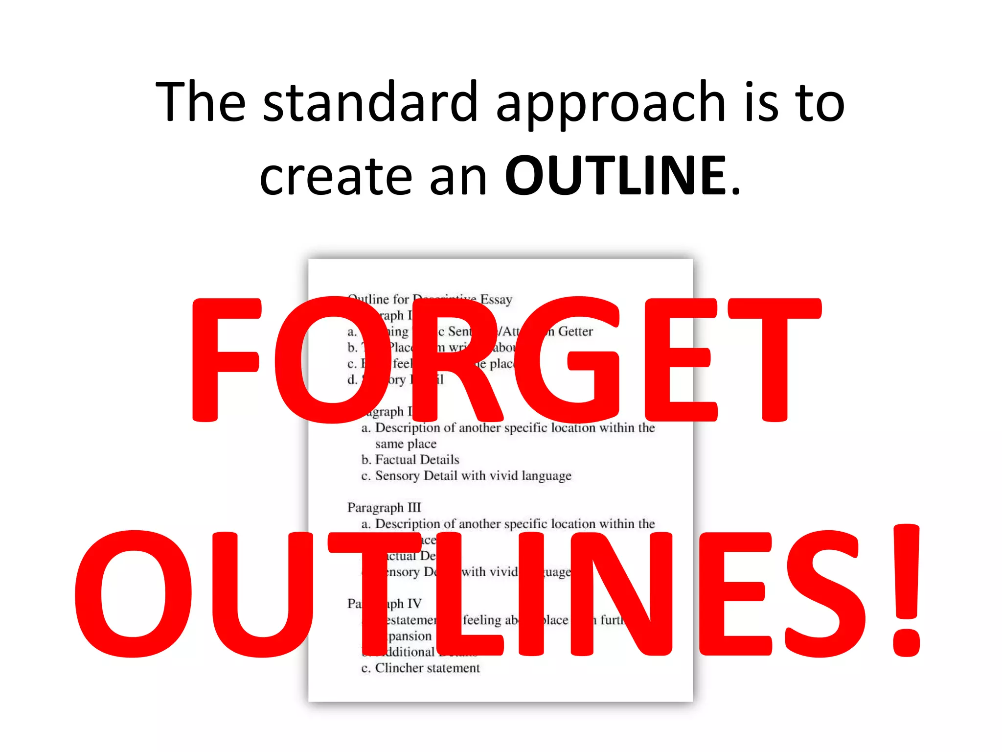 The standard approach is to
create an OUTLINE.
FORGET
OUTLINES!
 