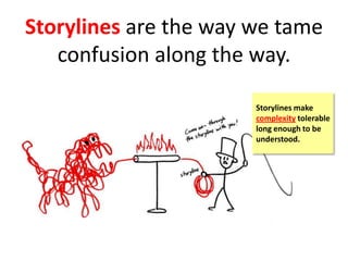 Storylines are the way we tame
confusion along the way.
Storylines make
complexity tolerable
long enough to be
understood.
 