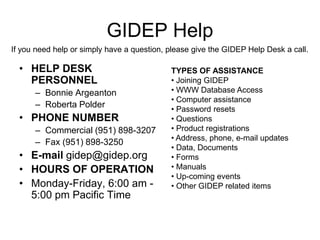 GIDEP Help
If you need help or simply have a question, please give the GIDEP Help Desk a call.

  • HELP DESK                               TYPES OF ASSISTANCE
    PERSONNEL                               • Joining GIDEP
      – Bonnie Argeanton                    • WWW Database Access
                                            • Computer assistance
      – Roberta Polder                      • Password resets
  • PHONE NUMBER                            • Questions
      – Commercial (951) 898-3207           • Product registrations
                                            • Address, phone, e-mail updates
      – Fax (951) 898-3250
                                            • Data, Documents
  • E-mail gidep@gidep.org                  • Forms
  • HOURS OF OPERATION                      • Manuals
                                            • Up-coming events
  • Monday-Friday, 6:00 am -                • Other GIDEP related items
    5:00 pm Pacific Time
 