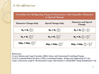 8- The Affinity Law
17
References:
1-Larry Bachus and Angel Custodio, (2003). Know and Understand Centrifugal Pumps.
2-Val S. Lobanoff Robert R. Ross, (1992). Centrifugal Pumps - Design and Application (2nd
ed.)
3-Igor J. Karassik ,oseph P. Messina,Paul Cooper and Charles C. Heald,2001. Pump Handbook(3rd
ed)
 