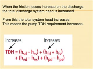 When the friction losses increase on the discharge,
the total discharge system head is increased.
From this the total system head increases.
This means the pump TDH requirement increases.
 