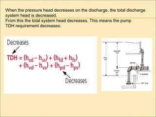 When the pressure head decreases on the discharge, the total discharge
system head is decreased.
From this the total system head decreases. This means the pump
TDH requirement decreases.
 