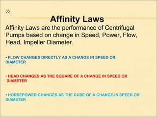 35
Affinity Laws
Affinity Laws are the performance of Centrifugal
Pumps based on change in Speed, Power, Flow,
Head, Impeller Diameter.
• FLOW CHANGES DIRECTLY AS A CHANGE IN SPEED OR
DIAMETER
• HEAD CHANGES AS THE SQUARE OF A CHANGE IN SPEED OR
DIAMETER
• HORSEPOWER CHANGES AS THE CUBE OF A CHANGE IN SPEED OR
DIAMETER
 