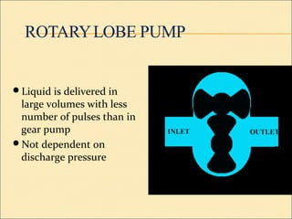 Liquid is delivered in
large volumes with less
number of pulses than in
gear pump
Not dependent on
discharge pressure
 