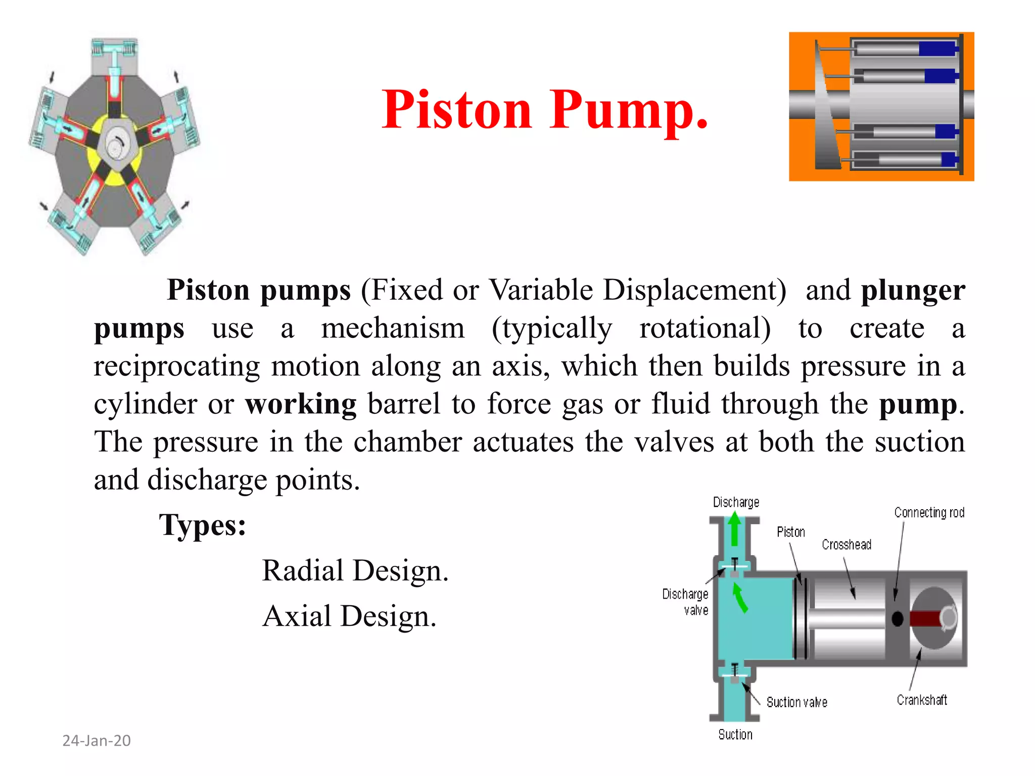 Piston Pump.
Piston pumps (Fixed or Variable Displacement) and plunger
pumps use a mechanism (typically rotational) to create a
reciprocating motion along an axis, which then builds pressure in a
cylinder or working barrel to force gas or fluid through the pump.
The pressure in the chamber actuates the valves at both the suction
and discharge points.
Types:
Radial Design.
Axial Design.
24-Jan-20
 