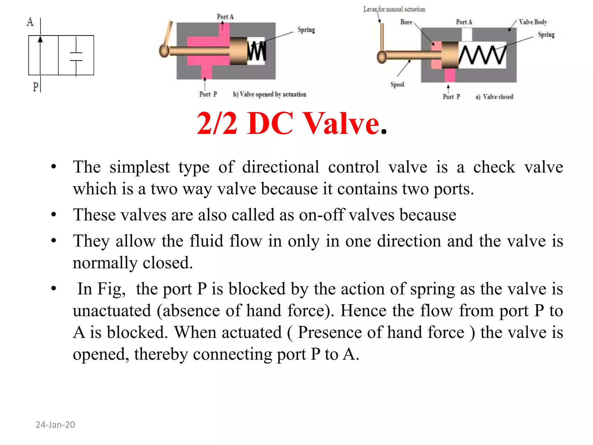 2/2 DC Valve.
24-Jan-20
• The simplest type of directional control valve is a check valve
which is a two way valve because it contains two ports.
• These valves are also called as on-off valves because
• They allow the fluid flow in only in one direction and the valve is
normally closed.
• In Fig, the port P is blocked by the action of spring as the valve is
unactuated (absence of hand force). Hence the flow from port P to
A is blocked. When actuated ( Presence of hand force ) the valve is
opened, thereby connecting port P to A.
 