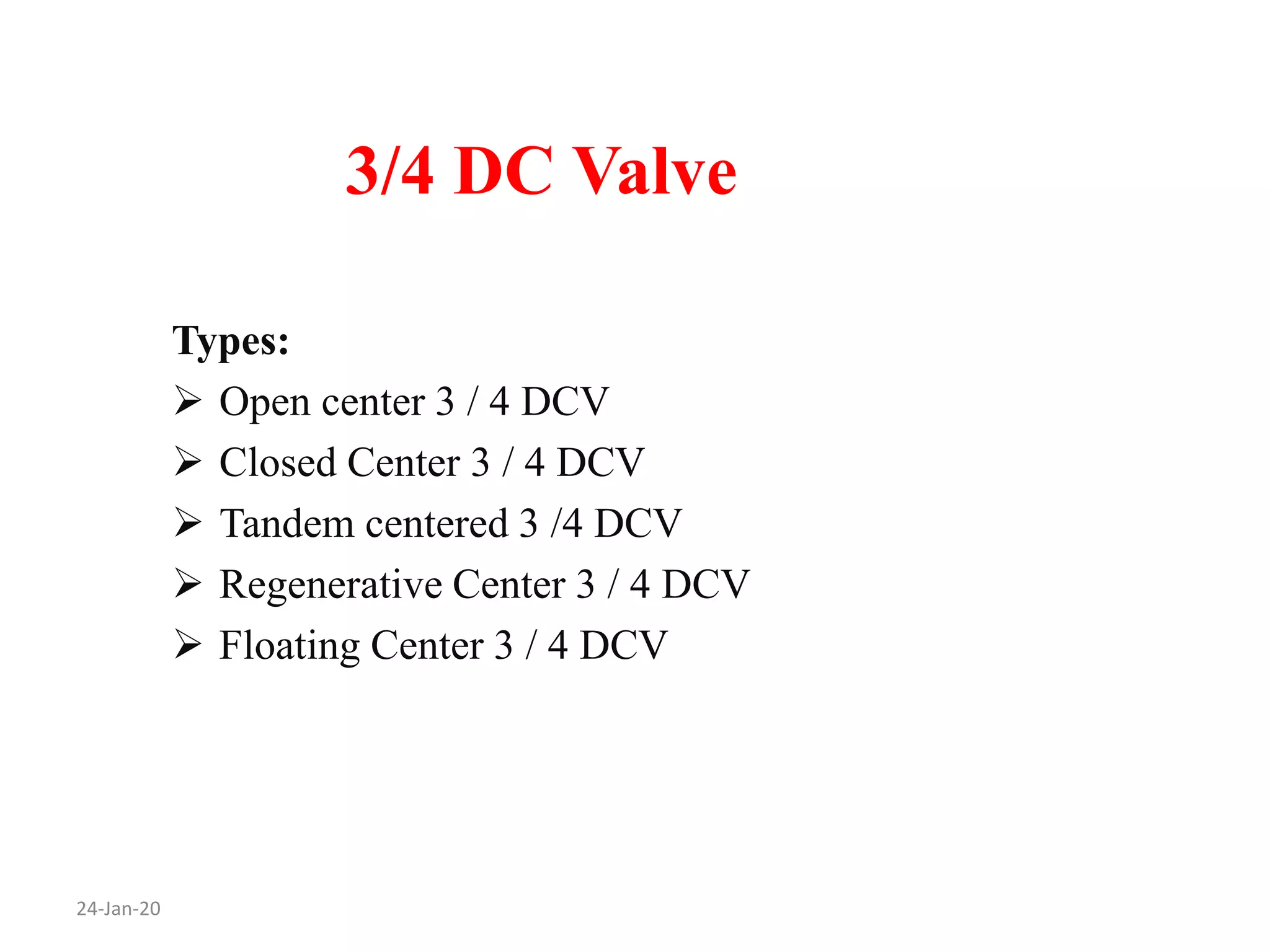 3/4 DC Valve
24-Jan-20
Types:
 Open center 3 / 4 DCV
 Closed Center 3 / 4 DCV
 Tandem centered 3 /4 DCV
 Regenerative Center 3 / 4 DCV
 Floating Center 3 / 4 DCV
 