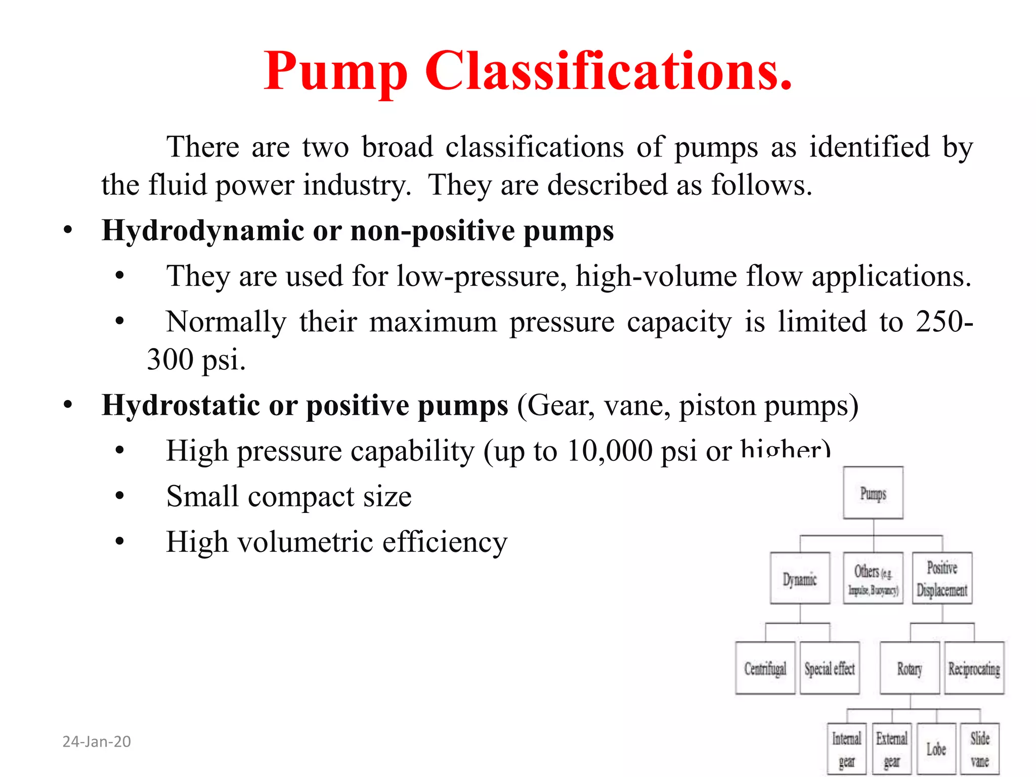 Pump Classifications.
There are two broad classifications of pumps as identified by
the fluid power industry. They are described as follows.
• Hydrodynamic or non-positive pumps
• They are used for low-pressure, high-volume flow applications.
• Normally their maximum pressure capacity is limited to 250-
300 psi.
• Hydrostatic or positive pumps (Gear, vane, piston pumps)
• High pressure capability (up to 10,000 psi or higher)
• Small compact size
• High volumetric efficiency
24-Jan-20
 