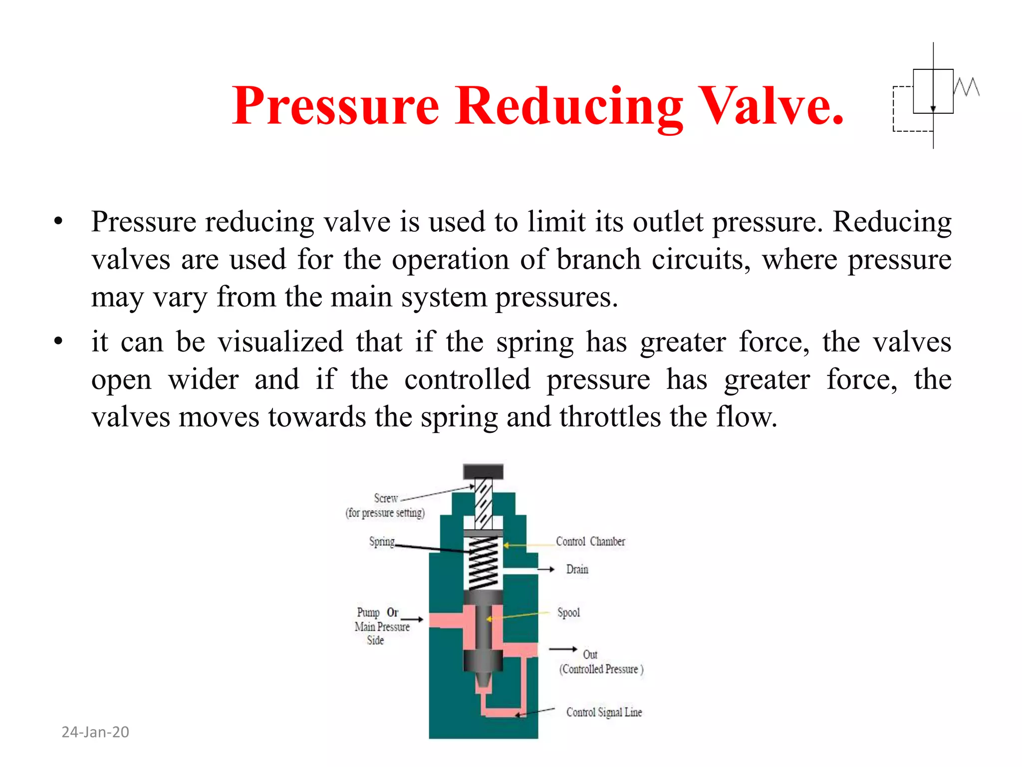 Pressure Reducing Valve.
24-Jan-20
• Pressure reducing valve is used to limit its outlet pressure. Reducing
valves are used for the operation of branch circuits, where pressure
may vary from the main system pressures.
• it can be visualized that if the spring has greater force, the valves
open wider and if the controlled pressure has greater force, the
valves moves towards the spring and throttles the flow.
 
