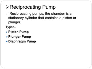 Reciprocating Pump
In Reciprocating pumps, the chamber is a
stationary cylinder that contains a piston or
plunger.
Types-
 Piston Pump
 Plunger Pump
 Diaphragm Pump
 