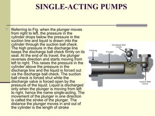 SINGLE-ACTING PUMPS
 Referring to Fig. when the plunger moves
from right to left, the pressure in the
cylinder drops below the pressure in the
suction line and liquid is drawn into the
cylinder through the suction ball check.
The high pressure in the discharge line
keeps the discharge ball check firmly on its
seat. At the end of its travel, the plunger
reverses direction and starts moving from
left to right. This raises the pressure in the
cylinder above the pressure in the
discharge line and the liquid is forced out
via the discharge ball check. The suction
ball check is forced shut while the
discharge valve is forced open by the
pressure of the liquid. Liquid is discharged
only when the plunger is moving from left
to right, hence the name single-acting. The
movement of the plunger in one direction
is called the stroke of the plunger. The
distance the plunger moves in and out of
the cylinder is the length of stroke
 