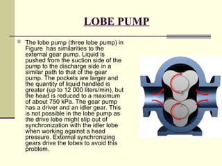 LOBE PUMP
 The lobe pump (three lobe pump) in
Figure has similarities to the
external gear pump. Liquid is
pushed from the suction side of the
pump to the discharge side in a
similar path to that of the gear
pump. The pockets are larger and
the quantity of liquid handled is
greater (up to 12 000 liters/min), but
the head is reduced to a maximum
of about 750 kPa. The gear pump
has a driver and an idler gear. This
is not possible in the lobe pump as
the drive lobe might slip out of
synchronization with the idler lobe
when working against a head
pressure. External synchronizing
gears drive the lobes to avoid this
problem.
 