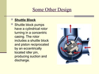 Some Other Design
 Shuttle Block
 Shuttle block pumps
have a cylindrical rotor
turning in a concentric
casing. The rotor
includes a shuttle block
and piston reciprocated
by an eccentrically
located idler pin,
producing suction and
discharge.
 