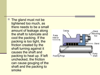  The gland must not be
tightened too much, as
there needs to be a small
amount of leakage along
the shaft to lubricate and
cool the packing. If the
packing is too tight, the
friction created by the
shaft turning against it
causes the shaft and
packing to heat up. If left
unchecked, the friction
can cause gouging of the
shaft and the packing to
smoke
 