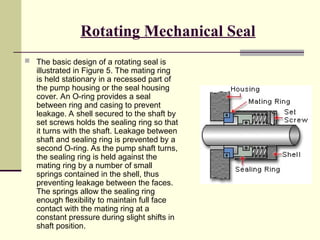 Rotating Mechanical Seal
 The basic design of a rotating seal is
illustrated in Figure 5. The mating ring
is held stationary in a recessed part of
the pump housing or the seal housing
cover. An O-ring provides a seal
between ring and casing to prevent
leakage. A shell secured to the shaft by
set screws holds the sealing ring so that
it turns with the shaft. Leakage between
shaft and sealing ring is prevented by a
second O-ring. As the pump shaft turns,
the sealing ring is held against the
mating ring by a number of small
springs contained in the shell, thus
preventing leakage between the faces.
The springs allow the sealing ring
enough flexibility to maintain full face
contact with the mating ring at a
constant pressure during slight shifts in
shaft position.
 