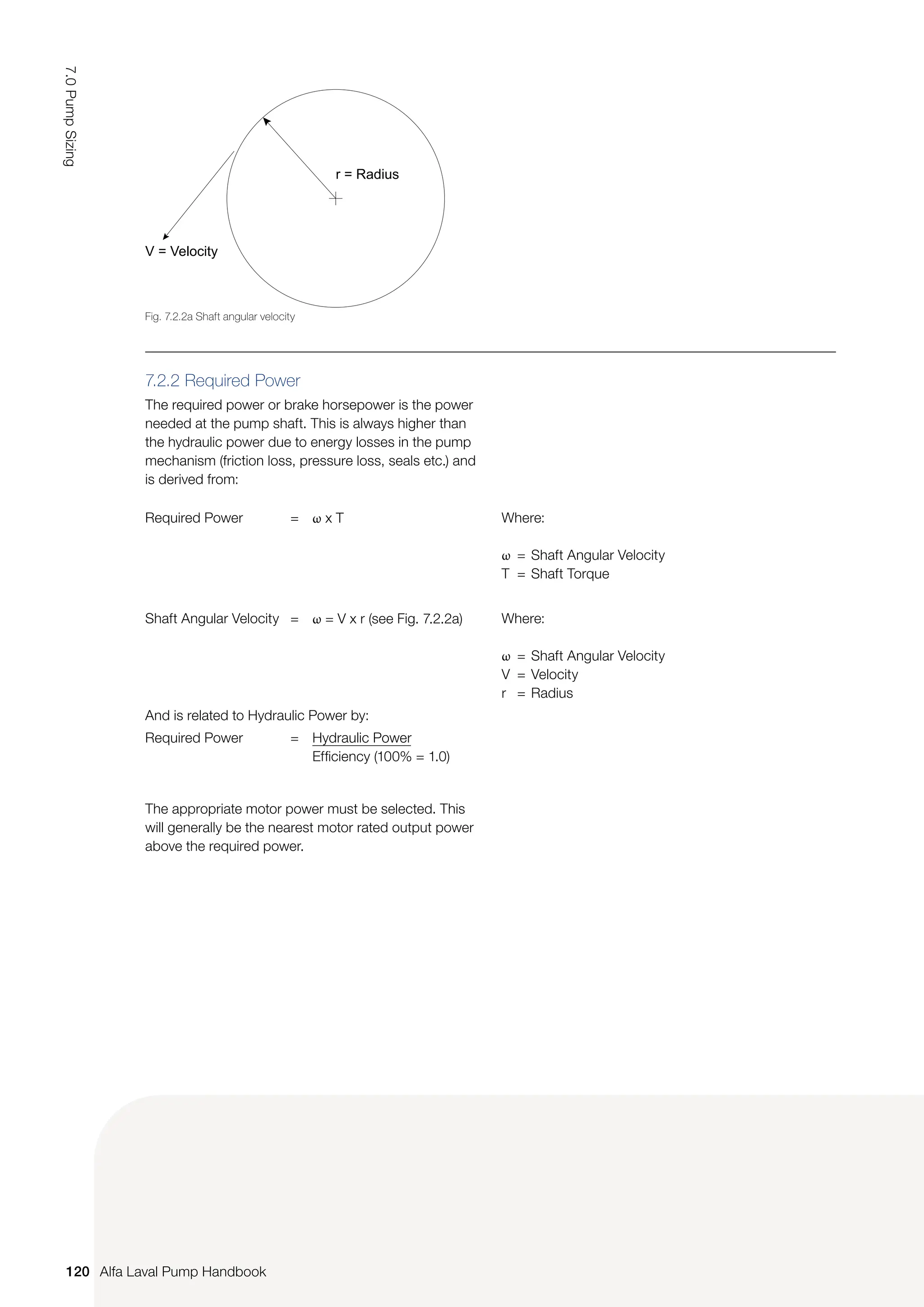 Required Power = ω x T Where:
ω = Shaft Angular Velocity
T = Shaft Torque
Shaft Angular Velocity = ω = V x r (see Fig. 7.2.2a) Where:
ω = Shaft Angular Velocity
V = Velocity
r = Radius
And is related to Hydraulic Power by:
Required Power = Hydraulic Power
Efficiency (100% = 1.0)
7.2.2 Required Power
The required power or brake horsepower is the power
needed at the pump shaft. This is always higher than
the hydraulic power due to energy losses in the pump
mechanism (friction loss, pressure loss, seals etc.) and
is derived from:
The appropriate motor power must be selected. This
will generally be the nearest motor rated output power
above the required power.
Fig. 7.2.2a Shaft angular velocity
r = Radius
V = Velocity
120
7.0
Pump
Sizing
Alfa Laval Pump Handbook
 