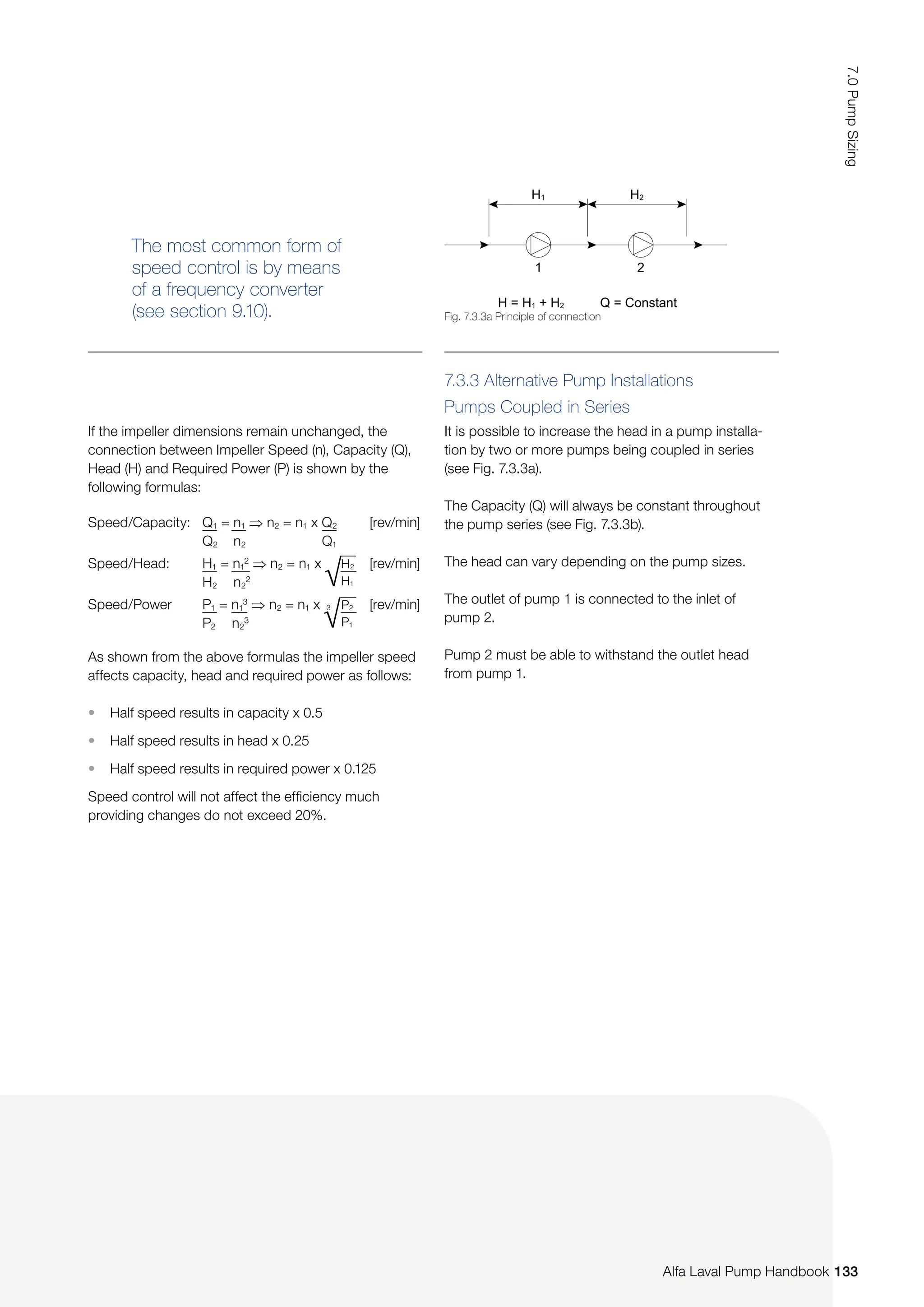 The most common form of
speed control is by means
of a frequency converter
(see section 9.10).
Speed/Capacity: Q1 = n1 ⇒ n2 = n1 x Q2
Q2 n2 Q1
[rev/min]
Speed/Head: H1 = n1
2
⇒ n2 = n1 x
H2 n2
2
[rev/min]
Speed/Power P1 = n1
3
⇒ n2 = n1 x
P2 n2
3
[rev/min]
√
3 P2
P1
√H2
H1
If the impeller dimensions remain unchanged, the
connection between Impeller Speed (n), Capacity (Q),
Head (H) and Required Power (P) is shown by the
following formulas:
As shown from the above formulas the impeller speed
affects capacity, head and required power as follows:
• Half speed results in capacity x 0.5
• Half speed results in head x 0.25
• Half speed results in required power x 0.125
Speed control will not affect the efficiency much
providing changes do not exceed 20%.
7.3.3 Alternative Pump Installations
Pumps Coupled in Series
It is possible to increase the head in a pump installa-
tion by two or more pumps being coupled in series
(see Fig. 7.3.3a).
The Capacity (Q) will always be constant throughout
the pump series (see Fig. 7.3.3b).
The head can vary depending on the pump sizes.
The outlet of pump 1 is connected to the inlet of
pump 2.
Pump 2 must be able to withstand the outlet head
from pump 1.
Fig. 7.3.3a Principle of connection
2
H = H1 + H2 Q = Constant
1
H2
H1
133
7.0
Pump
Sizing
Alfa Laval Pump Handbook
 