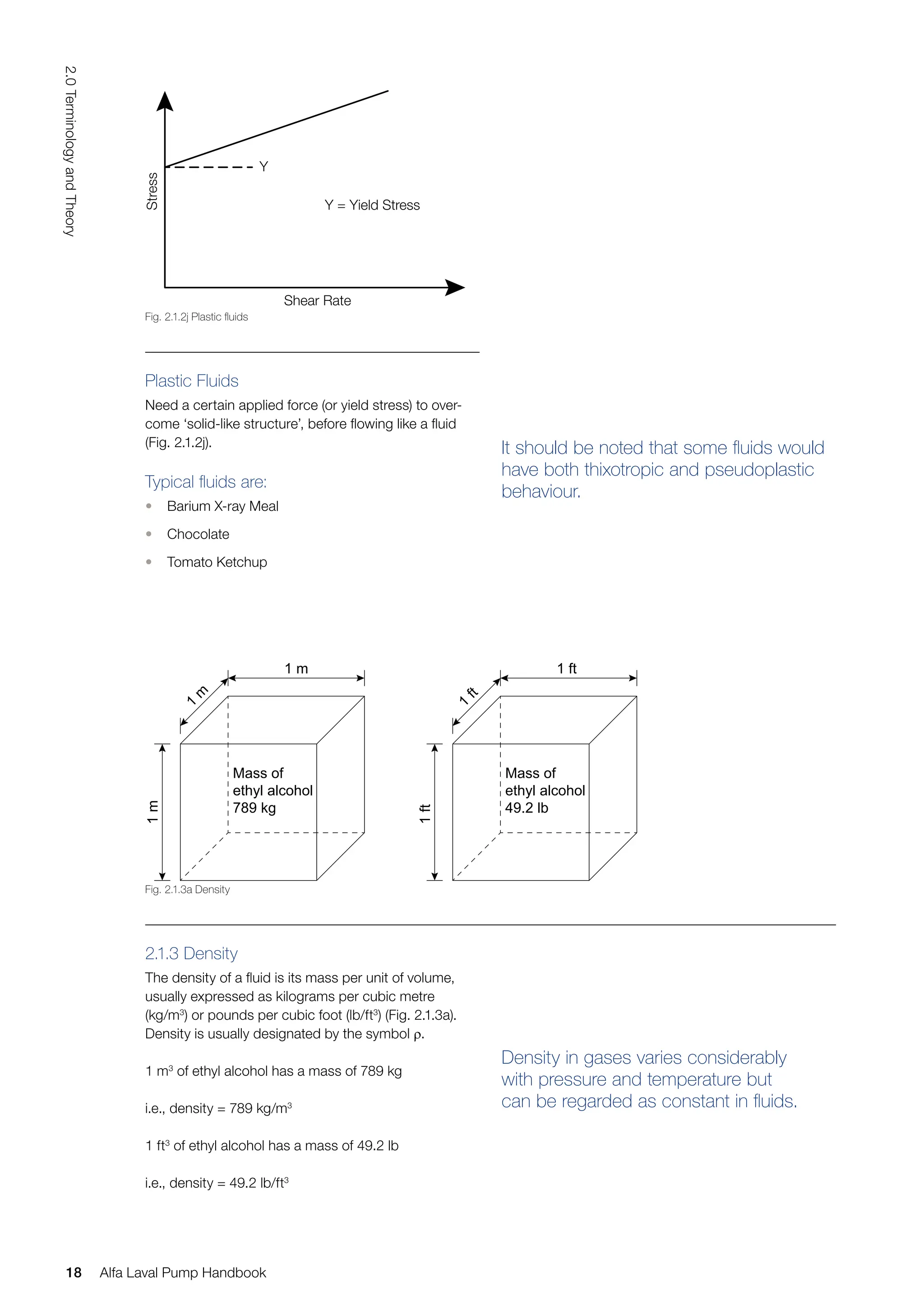 Plastic Fluids
Need a certain applied force (or yield stress) to over-
come ‘solid-like structure’, before flowing like a fluid
(Fig. 2.1.2j).
Typical fluids are:
• Barium X-ray Meal
• Chocolate
• Tomato Ketchup
2.1.3 Density
The density of a fluid is its mass per unit of volume,
usually expressed as kilograms per cubic metre
(kg/m3
) or pounds per cubic foot (lb/ft3
) (Fig. 2.1.3a).
Density is usually designated by the symbol ρ.
1 m3
of ethyl alcohol has a mass of 789 kg
i.e., density = 789 kg/m3
1 ft3
of ethyl alcohol has a mass of 49.2 lb
i.e., density = 49.2 lb/ft3
It should be noted that some fluids would
have both thixotropic and pseudoplastic
behaviour.
Density in gases varies considerably
with pressure and temperature but
can be regarded as constant in fluids.
Stress
Shear Rate
Y = Yield Stress
Y
1 m
Mass of
ethyl alcohol
789 kg
1
m
1
m
1 ft
Mass of
ethyl alcohol
49.2 lb
1
ft
1
ft
Fig. 2.1.2j Plastic fluids
Fig. 2.1.3a Density
18
2.0
Terminology
and
Theory
Alfa Laval Pump Handbook
 