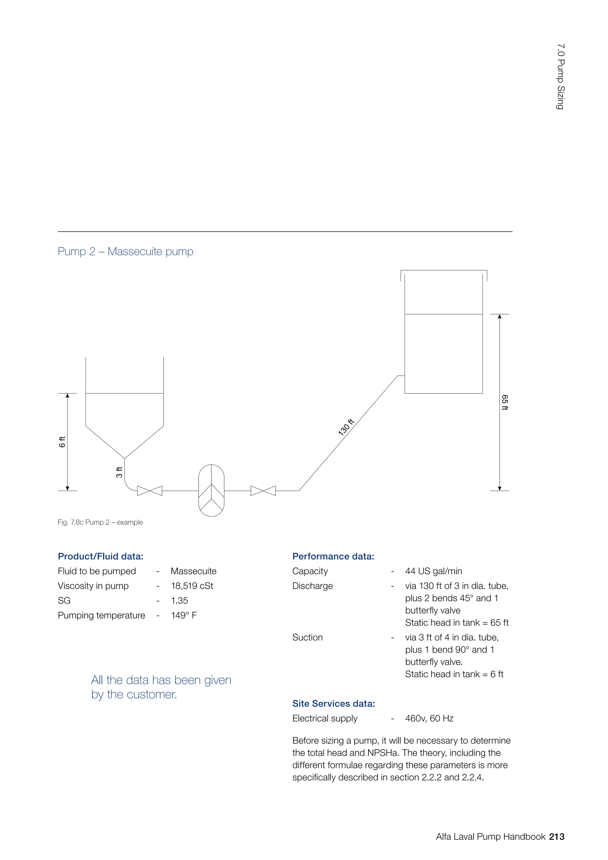 Pump 2 – Massecuite pump
Product/Fluid data:
Fluid to be pumped - Massecuite
Viscosity in pump - 18,519 cSt
SG - 1.35
Pumping temperature - 149° F
All the data has been given
by the customer.
Performance data:
Capacity - 44 US gal/min
Discharge - via 130 ft of 3 in dia. tube,
plus 2 bends 45° and 1
butterfly valve
Static head in tank = 65 ft
Suction - via 3 ft of 4 in dia. tube,
plus 1 bend 90° and 1
butterfly valve.
Static head in tank = 6 ft
Site Services data:
Electrical supply - 460v, 60 Hz
Before sizing a pump, it will be necessary to determine
the total head and NPSHa. The theory, including the
different formulae regarding these parameters is more
specifically described in section 2.2.2 and 2.2.4.
65
ft
6
ft
3
ft
1
3
0
f
t
Fig. 7.8c Pump 2 – example
213
7.0
Pump
Sizing
Alfa Laval Pump Handbook
 