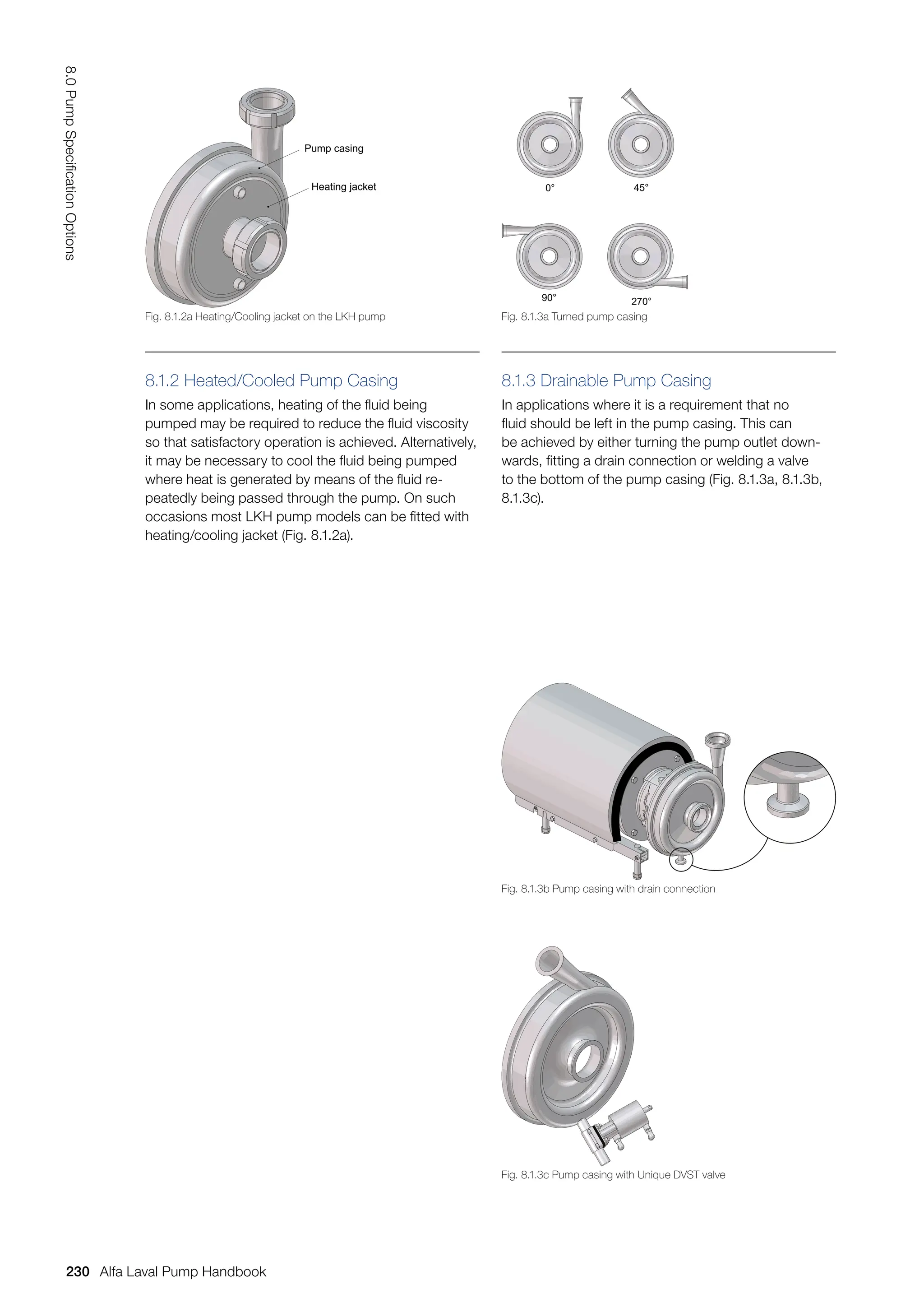 8.1.2 Heated/Cooled Pump Casing
In some applications, heating of the fluid being
pumped may be required to reduce the fluid viscosity
so that satisfactory operation is achieved. Alternatively,
it may be necessary to cool the fluid being pumped
where heat is generated by means of the fluid re-
peatedly being passed through the pump. On such
occasions most LKH pump models can be fitted with
heating/cooling jacket (Fig. 8.1.2a).
8.1.3 Drainable Pump Casing
In applications where it is a requirement that no
fluid should be left in the pump casing. This can
be achieved by either turning the pump outlet down-
wards, fitting a drain connection or welding a valve
to the bottom of the pump casing (Fig. 8.1.3a, 8.1.3b,
8.1.3c).
Fig. 8.1.2a Heating/Cooling jacket on the LKH pump
Fig. 8.1.3b Pump casing with drain connection
Fig. 8.1.3a Turned pump casing
Fig. 8.1.3c Pump casing with Unique DVST valve
Pump casing
Heating jacket 0° 45°
90° 270°
230
8.0
Pump
Specification
Options
Alfa Laval Pump Handbook
 