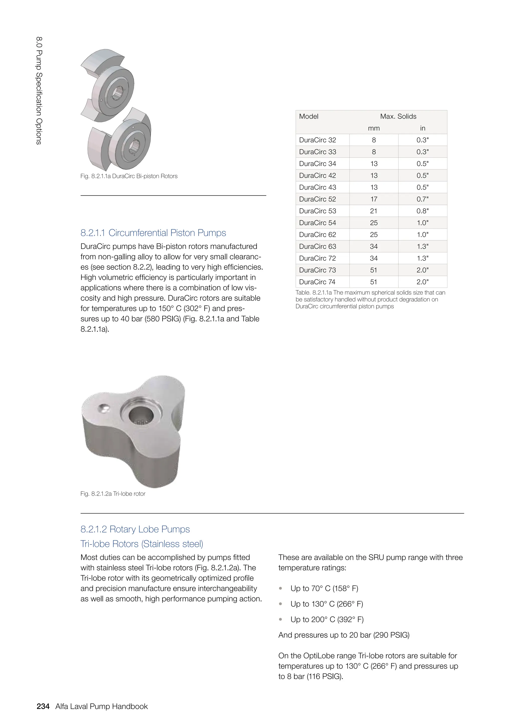 8.2.1.2 Rotary Lobe Pumps
Tri-lobe Rotors (Stainless steel)
Most duties can be accomplished by pumps fitted
with stainless steel Tri-lobe rotors (Fig. 8.2.1.2a). The
Tri-lobe rotor with its geometrically optimized profile
and precision manufacture ensure interchangeability
as well as smooth, high performance pumping action.
These are available on the SRU pump range with three
temperature ratings:
• Up to 70° C (158° F)
• Up to 130° C (266° F)
• Up to 200° C (392° F)
And pressures up to 20 bar (290 PSIG)
On the OptiLobe range Tri-lobe rotors are suitable for
temperatures up to 130° C (266° F) and pressures up
to 8 bar (116 PSIG).
8.2.1.1 Circumferential Piston Pumps
DuraCirc pumps have Bi-piston rotors manufactured
from non-galling alloy to allow for very small clearanc-
es (see section 8.2.2), leading to very high efficiencies.
High volumetric efficiency is particularly important in
applications where there is a combination of low vis-
cosity and high pressure. DuraCirc rotors are suitable
for temperatures up to 150° C (302° F) and pres-
sures up to 40 bar (580 PSIG) (Fig. 8.2.1.1a and Table
8.2.1.1a).
Model Max. Solids
mm in
DuraCirc 32 8 0.3
DuraCirc 33 8 0.3
DuraCirc 34 13 0.5
DuraCirc 42 13 0.5
DuraCirc 43 13 0.5
DuraCirc 52 17 0.7
DuraCirc 53 21 0.8
DuraCirc 54 25 1.0
DuraCirc 62 25 1.0
DuraCirc 63 34 1.3
DuraCirc 72 34 1.3
DuraCirc 73 51 2.0
DuraCirc 74 51 2.0
Table. 8.2.1.1a The maximum spherical solids size that can
be satisfactory handled without product degradation on
DuraCirc circumferential piston pumps
Fig. 8.2.1.2a Tri-lobe rotor
Fig. 8.2.1.1a DuraCirc Bi-piston Rotors
234
8.0
Pump
Specification
Options
Alfa Laval Pump Handbook
 