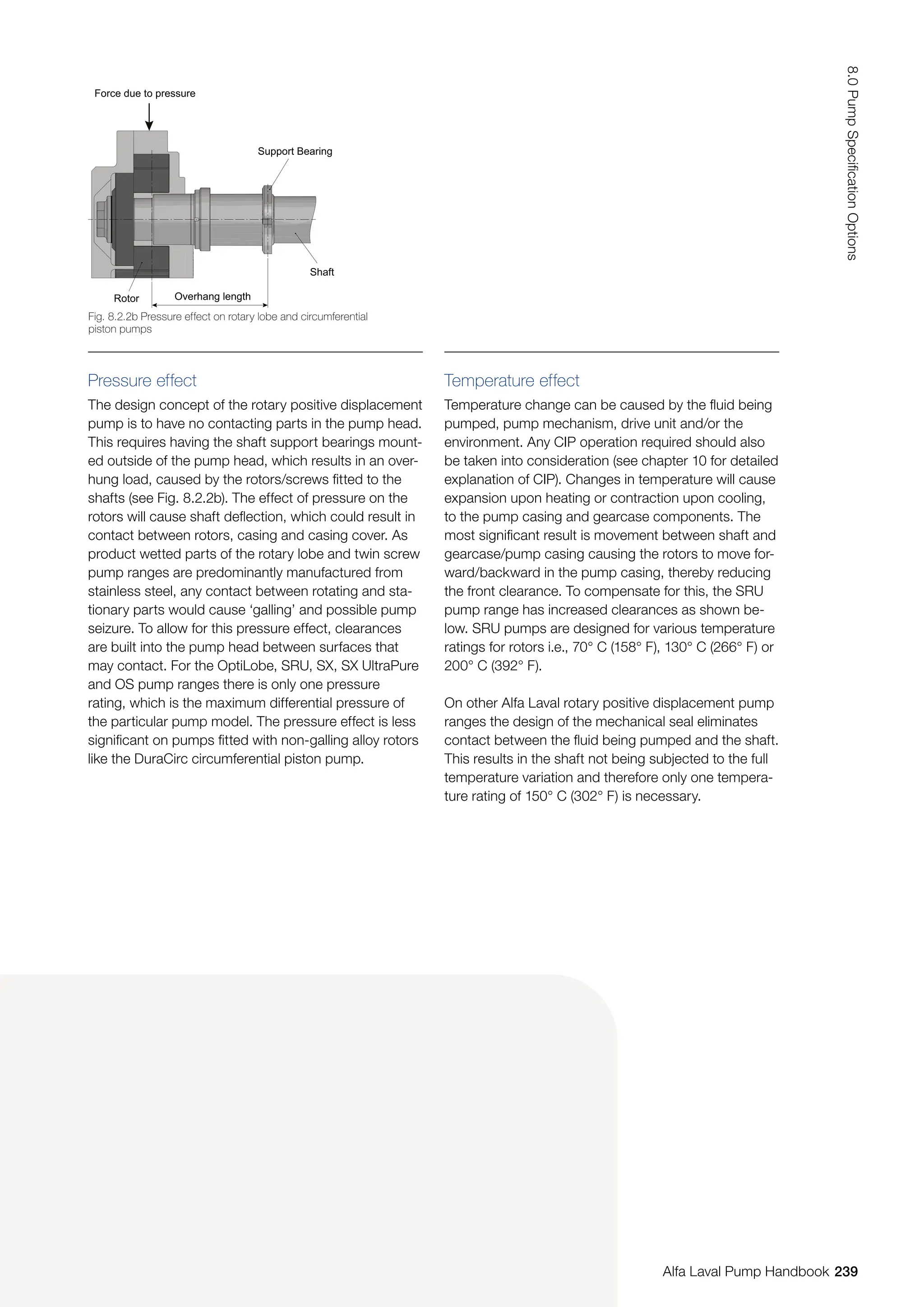 Pressure effect
The design concept of the rotary positive displacement
pump is to have no contacting parts in the pump head.
This requires having the shaft support bearings mount-
ed outside of the pump head, which results in an over-
hung load, caused by the rotors/screws fitted to the
shafts (see Fig. 8.2.2b). The effect of pressure on the
rotors will cause shaft deflection, which could result in
contact between rotors, casing and casing cover. As
product wetted parts of the rotary lobe and twin screw
pump ranges are predominantly manufactured from
stainless steel, any contact between rotating and sta-
tionary parts would cause ‘galling’ and possible pump
seizure. To allow for this pressure effect, clearances
are built into the pump head between surfaces that
may contact. For the OptiLobe, SRU, SX, SX UltraPure
and OS pump ranges there is only one pressure
rating, which is the maximum differential pressure of
the particular pump model. The pressure effect is less
significant on pumps fitted with non-galling alloy rotors
like the DuraCirc circumferential piston pump.
Temperature effect
Temperature change can be caused by the fluid being
pumped, pump mechanism, drive unit and/or the
environment. Any CIP operation required should also
be taken into consideration (see chapter 10 for detailed
explanation of CIP). Changes in temperature will cause
expansion upon heating or contraction upon cooling,
to the pump casing and gearcase components. The
most significant result is movement between shaft and
gearcase/pump casing causing the rotors to move for-
ward/backward in the pump casing, thereby reducing
the front clearance. To compensate for this, the SRU
pump range has increased clearances as shown be-
low. SRU pumps are designed for various temperature
ratings for rotors i.e., 70° C (158° F), 130° C (266° F) or
200° C (392° F).
On other Alfa Laval rotary positive displacement pump
ranges the design of the mechanical seal eliminates
contact between the fluid being pumped and the shaft.
This results in the shaft not being subjected to the full
temperature variation and therefore only one tempera-
ture rating of 150° C (302° F) is necessary.
Fig. 8.2.2b Pressure effect on rotary lobe and circumferential
piston pumps
Support Bearing
Force due to pressure
Overhang length
Rotor
Shaft
239
8.0
Pump
Specification
Options
Alfa Laval Pump Handbook
 