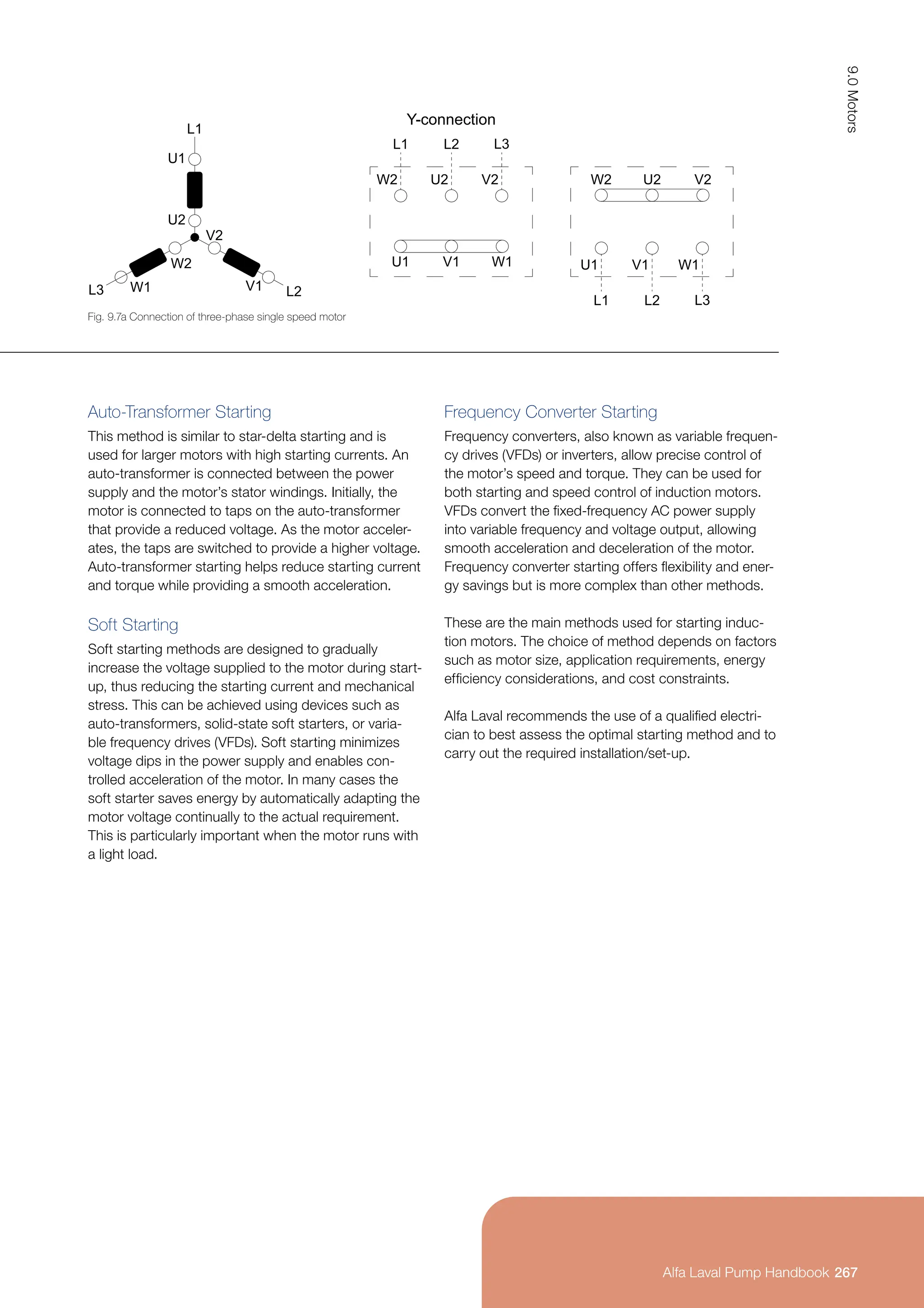 Auto-Transformer Starting
This method is similar to star-delta starting and is
used for larger motors with high starting currents. An
auto-transformer is connected between the power
supply and the motor’s stator windings. Initially, the
motor is connected to taps on the auto-transformer
that provide a reduced voltage. As the motor acceler-
ates, the taps are switched to provide a higher voltage.
Auto-transformer starting helps reduce starting current
and torque while providing a smooth acceleration.
Soft Starting
Soft starting methods are designed to gradually
increase the voltage supplied to the motor during start-
up, thus reducing the starting current and mechanical
stress. This can be achieved using devices such as
auto-transformers, solid-state soft starters, or varia-
ble frequency drives (VFDs). Soft starting minimizes
voltage dips in the power supply and enables con-
trolled acceleration of the motor. In many cases the
soft starter saves energy by automatically adapting the
motor voltage continually to the actual requirement.
This is particularly important when the motor runs with
a light load.
Frequency Converter Starting
Frequency converters, also known as variable frequen-
cy drives (VFDs) or inverters, allow precise control of
the motor’s speed and torque. They can be used for
both starting and speed control of induction motors.
VFDs convert the fixed-frequency AC power supply
into variable frequency and voltage output, allowing
smooth acceleration and deceleration of the motor.
Frequency converter starting offers flexibility and ener-
gy savings but is more complex than other methods.
These are the main methods used for starting induc-
tion motors. The choice of method depends on factors
such as motor size, application requirements, energy
efficiency considerations, and cost constraints.
Alfa Laval recommends the use of a qualified electri-
cian to best assess the optimal starting method and to
carry out the required installation/set-up.
Fig. 9.7a Connection of three-phase single speed motor
Y-connection
L1
W2
U1
U2
L2
V1
V2
L3
W1
L1
W2
U1
U2
L2
V1
V2
L3
W1
L1
U1
U2
L2
V1
V2
L3 W1
W2
267
9.0
Motors
Alfa Laval Pump Handbook
Alfa Laval Pump Handbook
 