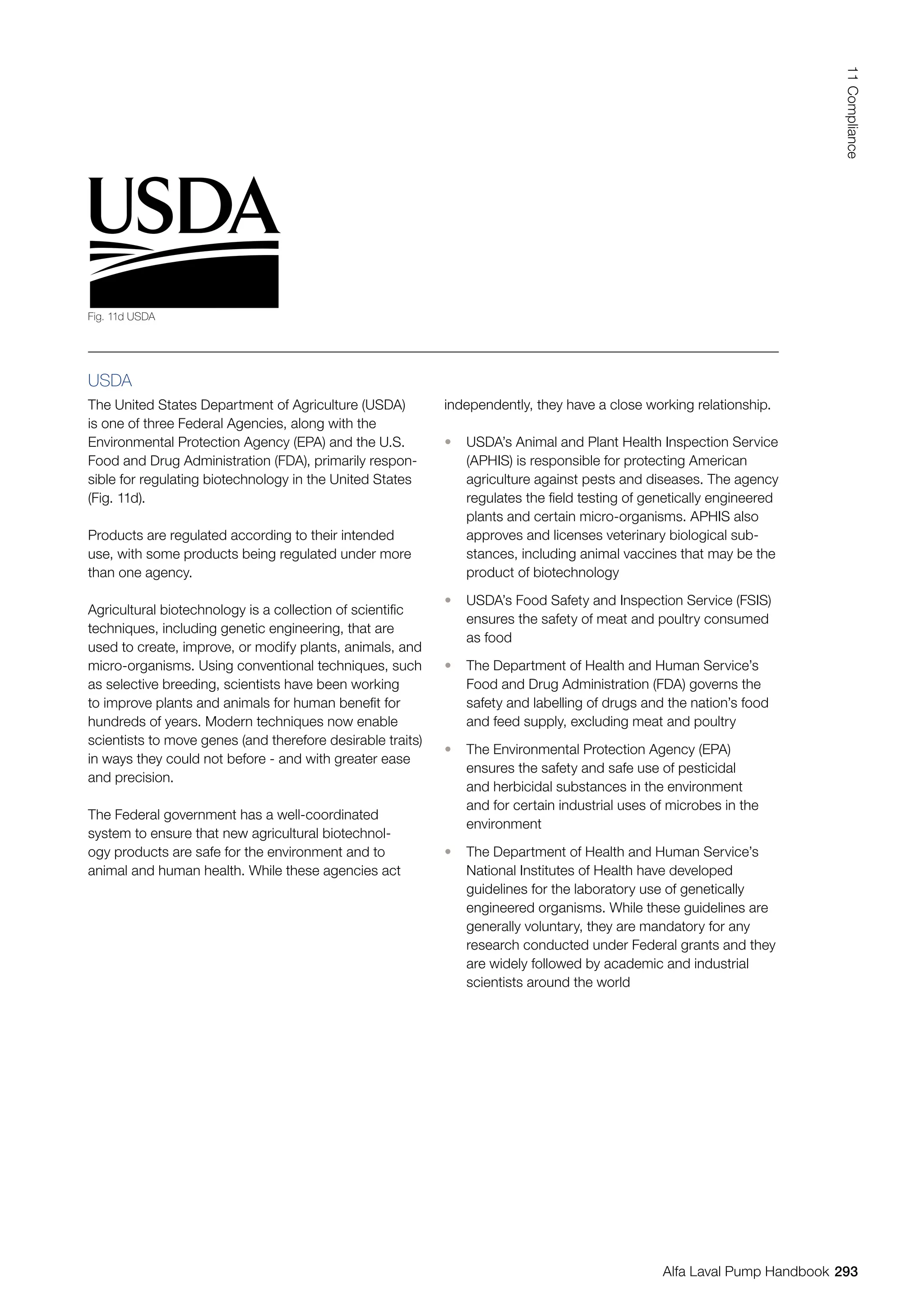 USDA
The United States Department of Agriculture (USDA)
is one of three Federal Agencies, along with the
Environmental Protection Agency (EPA) and the U.S.
Food and Drug Administration (FDA), primarily respon-
sible for regulating biotechnology in the United States
(Fig. 11d).
Products are regulated according to their intended
use, with some products being regulated under more
than one agency.
Agricultural biotechnology is a collection of scientific
techniques, including genetic engineering, that are
used to create, improve, or modify plants, animals, and
micro-organisms. Using conventional techniques, such
as selective breeding, scientists have been working
to improve plants and animals for human benefit for
hundreds of years. Modern techniques now enable
scientists to move genes (and therefore desirable traits)
in ways they could not before - and with greater ease
and precision.
The Federal government has a well-coordinated
system to ensure that new agricultural biotechnol-
ogy products are safe for the environment and to
animal and human health. While these agencies act
independently, they have a close working relationship.
• USDA’s Animal and Plant Health Inspection Service
(APHIS) is responsible for protecting American
agriculture against pests and diseases. The agency
regulates the field testing of genetically engineered
plants and certain micro-organisms. APHIS also
approves and licenses veterinary biological sub-
stances, including animal vaccines that may be the
product of biotechnology
• USDA’s Food Safety and Inspection Service (FSIS)
ensures the safety of meat and poultry consumed
as food
• The Department of Health and Human Service’s
Food and Drug Administration (FDA) governs the
safety and labelling of drugs and the nation’s food
and feed supply, excluding meat and poultry
• The Environmental Protection Agency (EPA)
ensures the safety and safe use of pesticidal
and herbicidal substances in the environment
and for certain industrial uses of microbes in the
environment
• The Department of Health and Human Service’s
National Institutes of Health have developed
guidelines for the laboratory use of genetically
engineered organisms. While these guidelines are
generally voluntary, they are mandatory for any
research conducted under Federal grants and they
are widely followed by academic and industrial
scientists around the world
Fig. 11d USDA
293
11
Compliance
Alfa Laval Pump Handbook
 