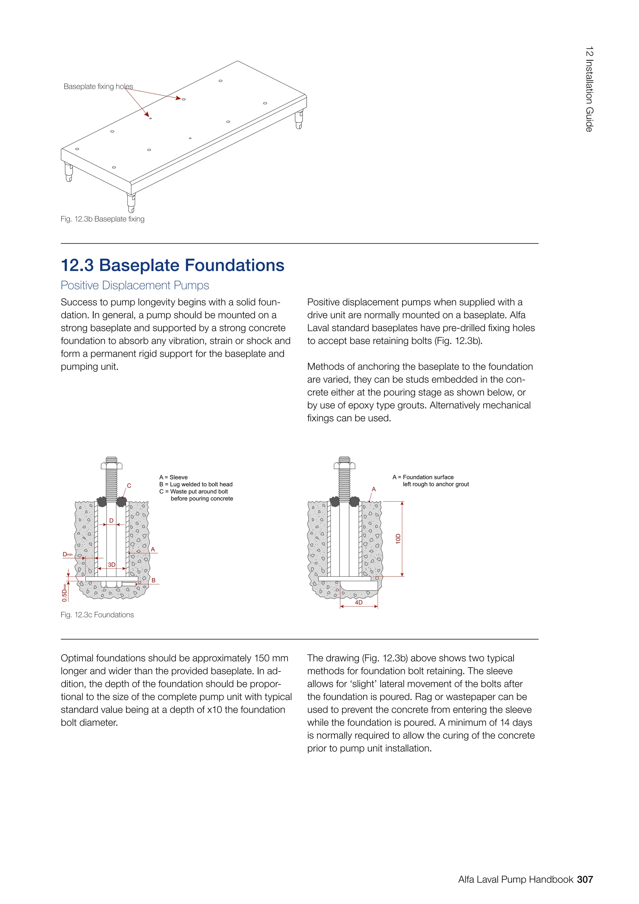 12.3 Baseplate Foundations
Positive Displacement Pumps
Success to pump longevity begins with a solid foun-
dation. In general, a pump should be mounted on a
strong baseplate and supported by a strong concrete
foundation to absorb any vibration, strain or shock and
form a permanent rigid support for the baseplate and
pumping unit.
Positive displacement pumps when supplied with a
drive unit are normally mounted on a baseplate. Alfa
Laval standard baseplates have pre-drilled fixing holes
to accept base retaining bolts (Fig. 12.3b).
Methods of anchoring the baseplate to the foundation
are varied, they can be studs embedded in the con-
crete either at the pouring stage as shown below, or
by use of epoxy type grouts. Alternatively mechanical
fixings can be used.
Optimal foundations should be approximately 150 mm
longer and wider than the provided baseplate. In ad-
dition, the depth of the foundation should be propor-
tional to the size of the complete pump unit with typical
standard value being at a depth of x10 the foundation
bolt diameter.
The drawing (Fig. 12.3b) above shows two typical
methods for foundation bolt retaining. The sleeve
allows for ‘slight’ lateral movement of the bolts after
the foundation is poured. Rag or wastepaper can be
used to prevent the concrete from entering the sleeve
while the foundation is poured. A minimum of 14 days
is normally required to allow the curing of the concrete
prior to pump unit installation.
Fig. 12.3b Baseplate fixing
Baseplate fixing holes
A
A = Sleeve
B = Lug welded to bolt head
C = Waste put around bolt
before pouring concrete
C
B
3D
D
Dmin
0.5D
min
A
4D
10D
A = Foundation surface
left rough to anchor grout
Fig. 12.3c Foundations
307
12
Installation
Guide
Alfa Laval Pump Handbook
 