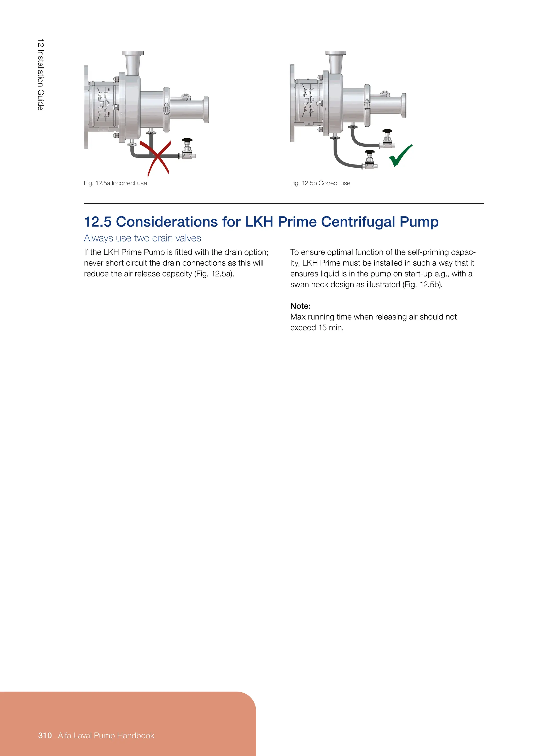 Always use two drain valves
If the LKH Prime Pump is fitted with the drain option;
never short circuit the drain connections as this will
reduce the air release capacity (Fig. 12.5a).
12.5 Considerations for LKH Prime Centrifugal Pump
To ensure optimal function of the self-priming capac-
ity, LKH Prime must be installed in such a way that it
ensures liquid is in the pump on start-up e.g., with a
swan neck design as illustrated (Fig. 12.5b).
Note:
Max running time when releasing air should not
exceed 15 min.


Fig. 12.5a Incorrect use Fig. 12.5b Correct use
12
Installation
Guide
310 Alfa Laval Pump Handbook
 