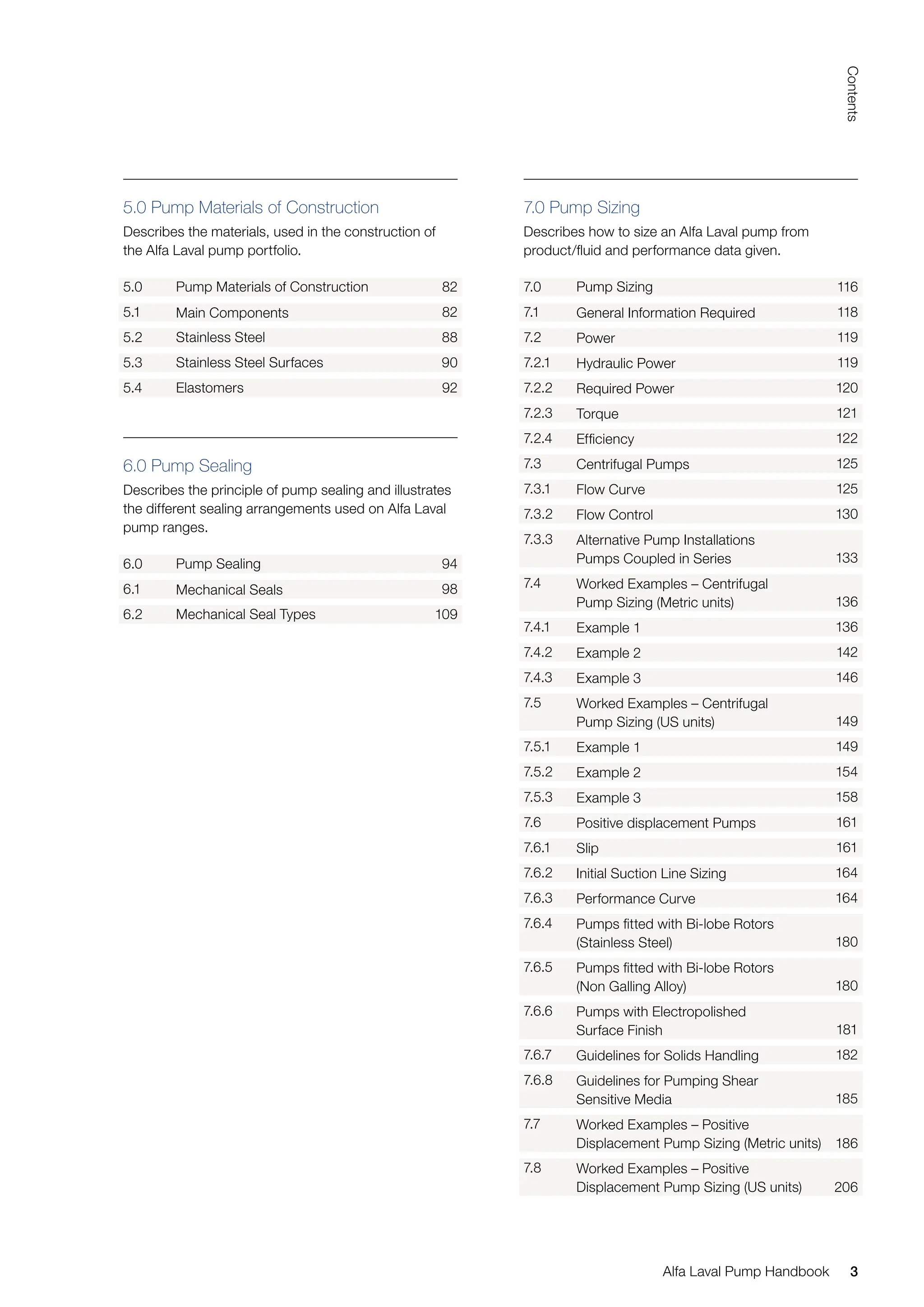 3
Contents
Alfa Laval Pump Handbook
7.0 Pump Sizing
Describes how to size an Alfa Laval pump from
product/fluid and performance data given.
7.0 Pump Sizing 116
7.1 General Information Required 118
7.2 Power 119
7.2.1 Hydraulic Power 119
7.2.2 Required Power 120
7.2.3 Torque 121
7.2.4 Efficiency 122
7.3 Centrifugal Pumps 125
7.3.1 Flow Curve 125
7.3.2 Flow Control 130
7.3.3 Alternative Pump Installations
Pumps Coupled in Series 133
7.4 Worked Examples – Centrifugal
Pump Sizing (Metric units) 136
7.4.1 Example 1 136
7.4.2 Example 2 142
7.4.3 Example 3 146
7.5 Worked Examples – Centrifugal
Pump Sizing (US units) 149
7.5.1 Example 1 149
7.5.2 Example 2 154
7.5.3 Example 3 158
7.6 Positive displacement Pumps 161
7.6.1 Slip 161
7.6.2 Initial Suction Line Sizing 164
7.6.3 Performance Curve 164
7.6.4 Pumps fitted with Bi-lobe Rotors
(Stainless Steel) 180
7.6.5 Pumps fitted with Bi-lobe Rotors
(Non Galling Alloy) 180
7.6.6 Pumps with Electropolished
Surface Finish 181
7.6.7 Guidelines for Solids Handling 182
7.6.8 Guidelines for Pumping Shear
Sensitive Media 185
7.7 Worked Examples – Positive
Displacement Pump Sizing (Metric units) 186
7.8 Worked Examples – Positive
Displacement Pump Sizing (US units) 206
5.0 Pump Materials of Construction
Describes the materials, used in the construction of
the Alfa Laval pump portfolio.
5.0 Pump Materials of Construction 82
5.1 Main Components 82
5.2 Stainless Steel 88
5.3 Stainless Steel Surfaces 90
5.4 Elastomers 92
6.0 Pump Sealing
Describes the principle of pump sealing and illustrates
the different sealing arrangements used on Alfa Laval
pump ranges.
6.0 Pump Sealing 94
6.1 Mechanical Seals 98
6.2 Mechanical Seal Types 109
 