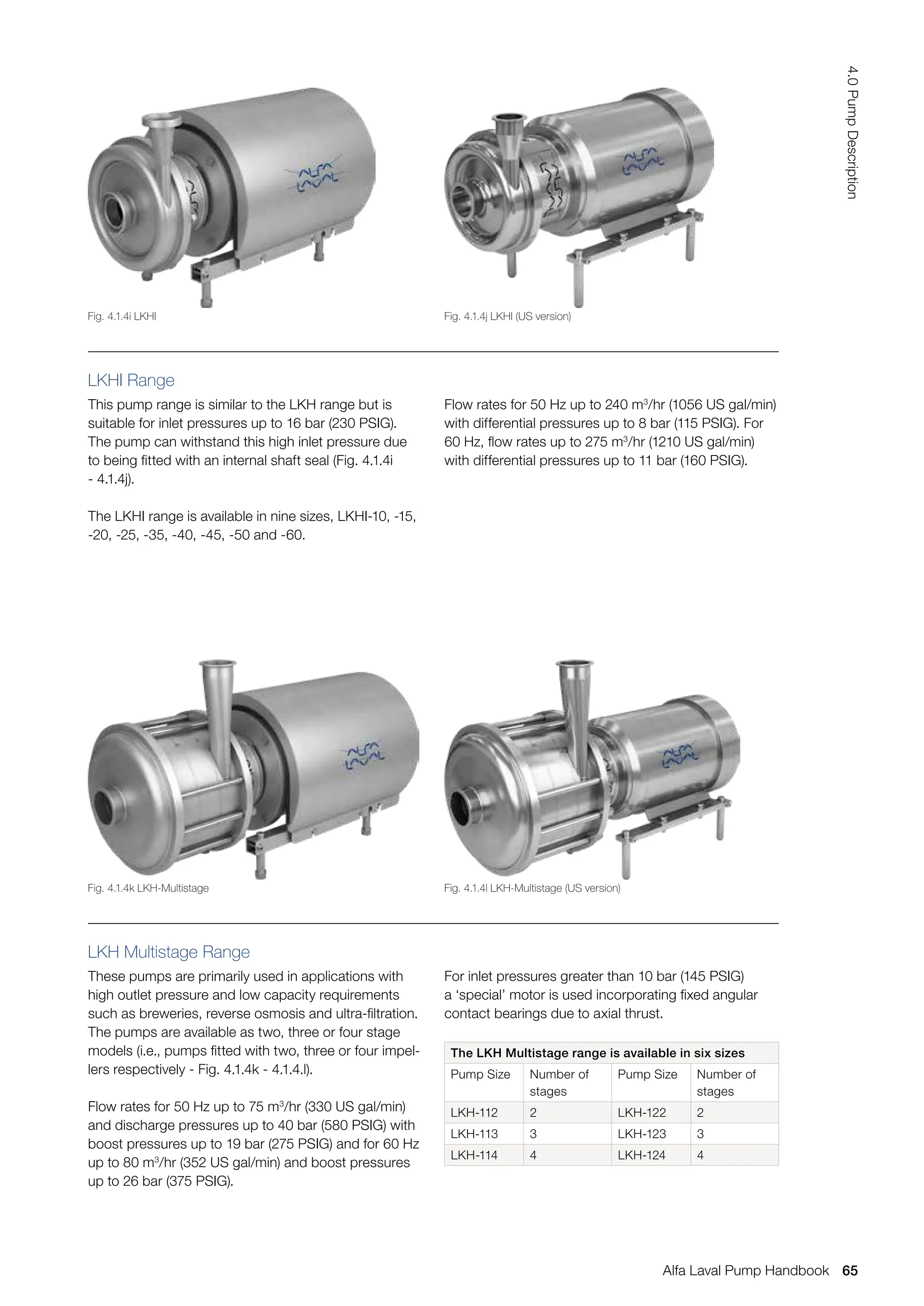 LKHI Range
This pump range is similar to the LKH range but is
suitable for inlet pressures up to 16 bar (230 PSIG).
The pump can withstand this high inlet pressure due
to being fitted with an internal shaft seal (Fig. 4.1.4i
- 4.1.4j).
The LKHI range is available in nine sizes, LKHI-10, -15,
-20, -25, -35, -40, -45, -50 and -60.
Flow rates for 50 Hz up to 240 m3
/hr (1056 US gal/min)
with differential pressures up to 8 bar (115 PSIG). For
60 Hz, flow rates up to 275 m3
/hr (1210 US gal/min)
with differential pressures up to 11 bar (160 PSIG).
LKH Multistage Range
These pumps are primarily used in applications with
high outlet pressure and low capacity requirements
such as breweries, reverse osmosis and ultra-filtration.
The pumps are available as two, three or four stage
models (i.e., pumps fitted with two, three or four impel-
lers respectively - Fig. 4.1.4k - 4.1.4.l).
Flow rates for 50 Hz up to 75 m3
/hr (330 US gal/min)
and discharge pressures up to 40 bar (580 PSIG) with
boost pressures up to 19 bar (275 PSIG) and for 60 Hz
up to 80 m3
/hr (352 US gal/min) and boost pressures
up to 26 bar (375 PSIG).
For inlet pressures greater than 10 bar (145 PSIG)
a ‘special’ motor is used incorporating fixed angular
contact bearings due to axial thrust.
The LKH Multistage range is available in six sizes
Pump Size Number of
stages
Pump Size Number of
stages
LKH-112 2 LKH-122 2
LKH-113 3 LKH-123 3
LKH-114 4 LKH-124 4
Fig. 4.1.4k LKH-Multistage Fig. 4.1.4l LKH-Multistage (US version)
Fig. 4.1.4j LKHI (US version)
Fig. 4.1.4i LKHI
65
4.0
Pump
Description
Alfa Laval Pump Handbook
 