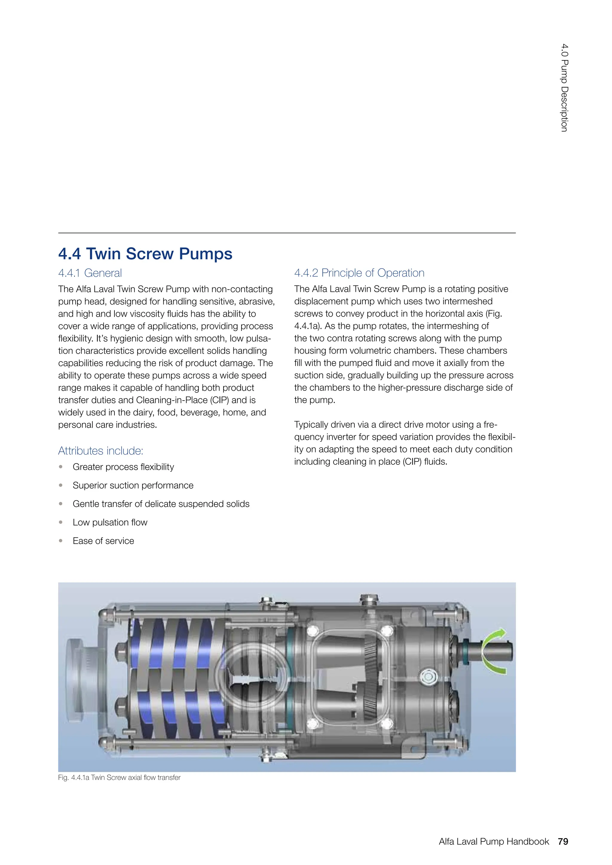 4.4 Twin Screw Pumps
4.4.1 General
The Alfa Laval Twin Screw Pump with non-contacting
pump head, designed for handling sensitive, abrasive,
and high and low viscosity fluids has the ability to
cover a wide range of applications, providing process
flexibility. It’s hygienic design with smooth, low pulsa-
tion characteristics provide excellent solids handling
capabilities reducing the risk of product damage. The
ability to operate these pumps across a wide speed
range makes it capable of handling both product
transfer duties and Cleaning-in-Place (CIP) and is
widely used in the dairy, food, beverage, home, and
personal care industries.
Attributes include:
• Greater process flexibility
• Superior suction performance
• Gentle transfer of delicate suspended solids
• Low pulsation flow
• Ease of service
4.4.2 Principle of Operation
The Alfa Laval Twin Screw Pump is a rotating positive
displacement pump which uses two intermeshed
screws to convey product in the horizontal axis (Fig.
4.4.1a). As the pump rotates, the intermeshing of
the two contra rotating screws along with the pump
housing form volumetric chambers. These chambers
fill with the pumped fluid and move it axially from the
suction side, gradually building up the pressure across
the chambers to the higher-pressure discharge side of
the pump.
Typically driven via a direct drive motor using a fre-
quency inverter for speed variation provides the flexibil-
ity on adapting the speed to meet each duty condition
including cleaning in place (CIP) fluids.
Fig. 4.4.1a Twin Screw axial flow transfer
79
4.0
Pump
Description
Alfa Laval Pump Handbook
 