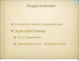 Project Overview
Located in a densely populated area
As per Initial Planning:
G+5, 3 basements
Foundation Level = 18 m below OGL
10
 